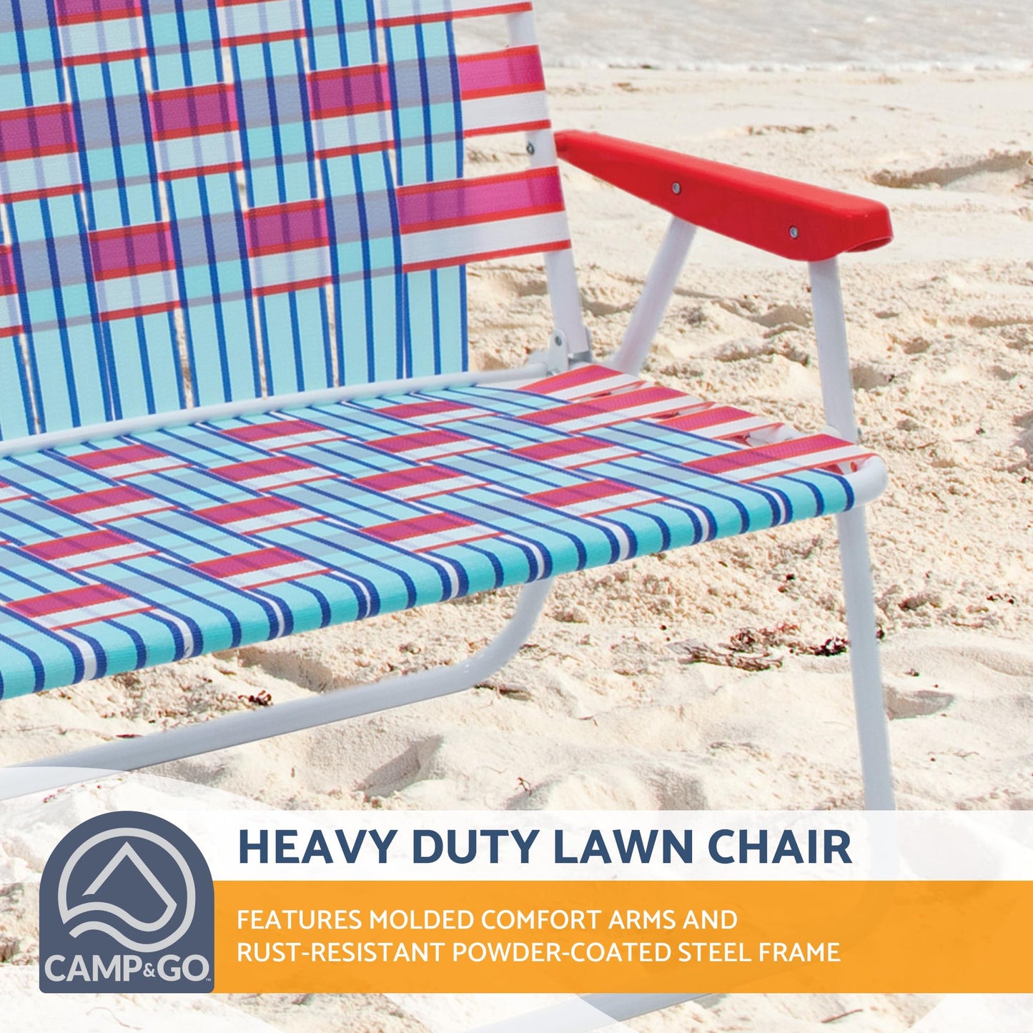 CAMP & GO 16.5" High Seat Outdoor Double Wide Loveseat Web Folding Chair, Blue/Red