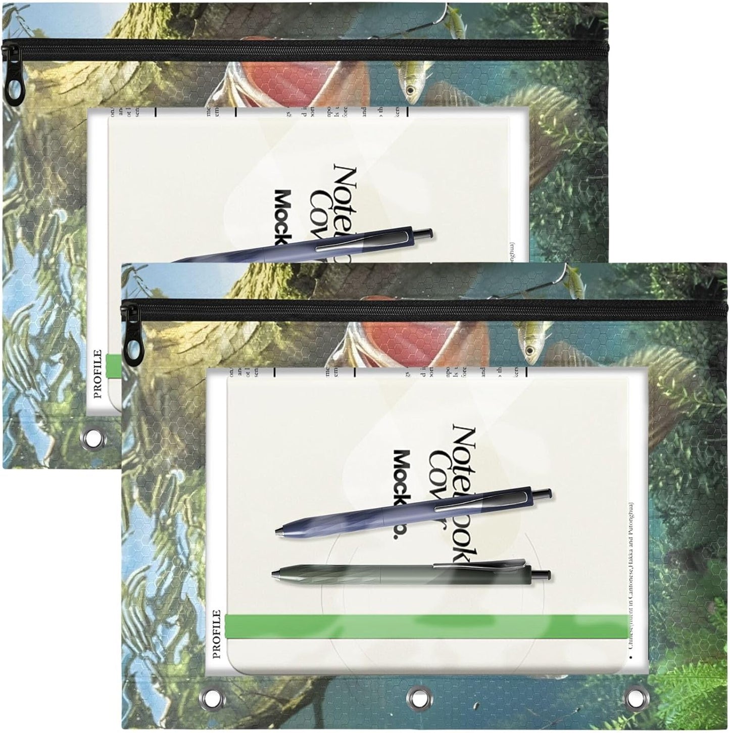Largemouth Bass Fish 2 Pack 3 Ring Binder Pocket A4 Size Binder Pouches Clear PVC Loose Leaf Folder Sleeves Storage Bags for Files, Documents