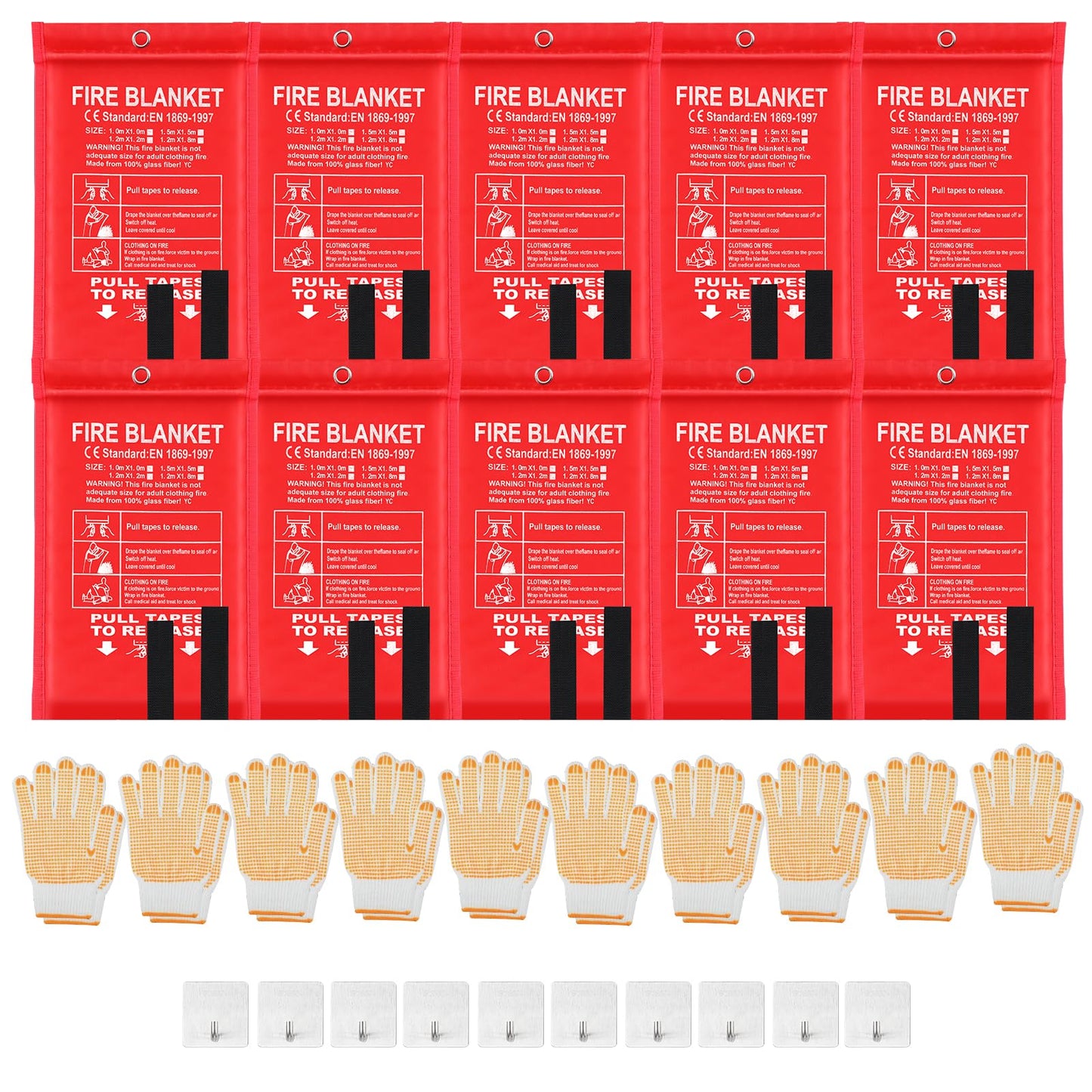 10 Pack Bulk Emergency Fire Blankets for Home and Kitchen with Fireproof Gloves & Hooks Safety Flame Suppression Fire Extinguisher for Camping House Warehouse Car 39.4"x39.4", Housewarming Gifts