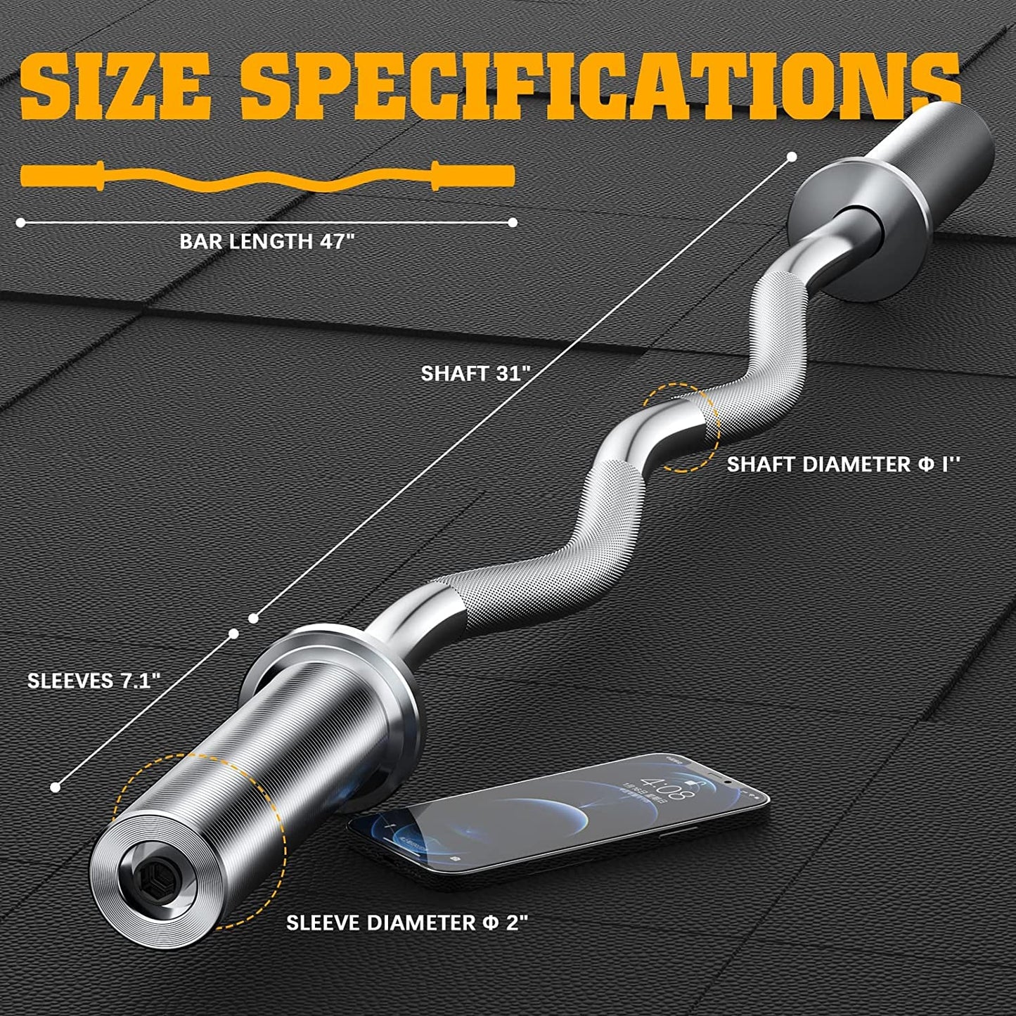 Olympic EZ Curl Barbell Bar, 47” Strength Training EZ Bar for Weight Lifting,Hip Thrusts,Biceps, triceps, Back/Leg Muscle Exercise,Chrome Curling Bar for 2 Inch Weight Plates,with 2 Spring Collars
