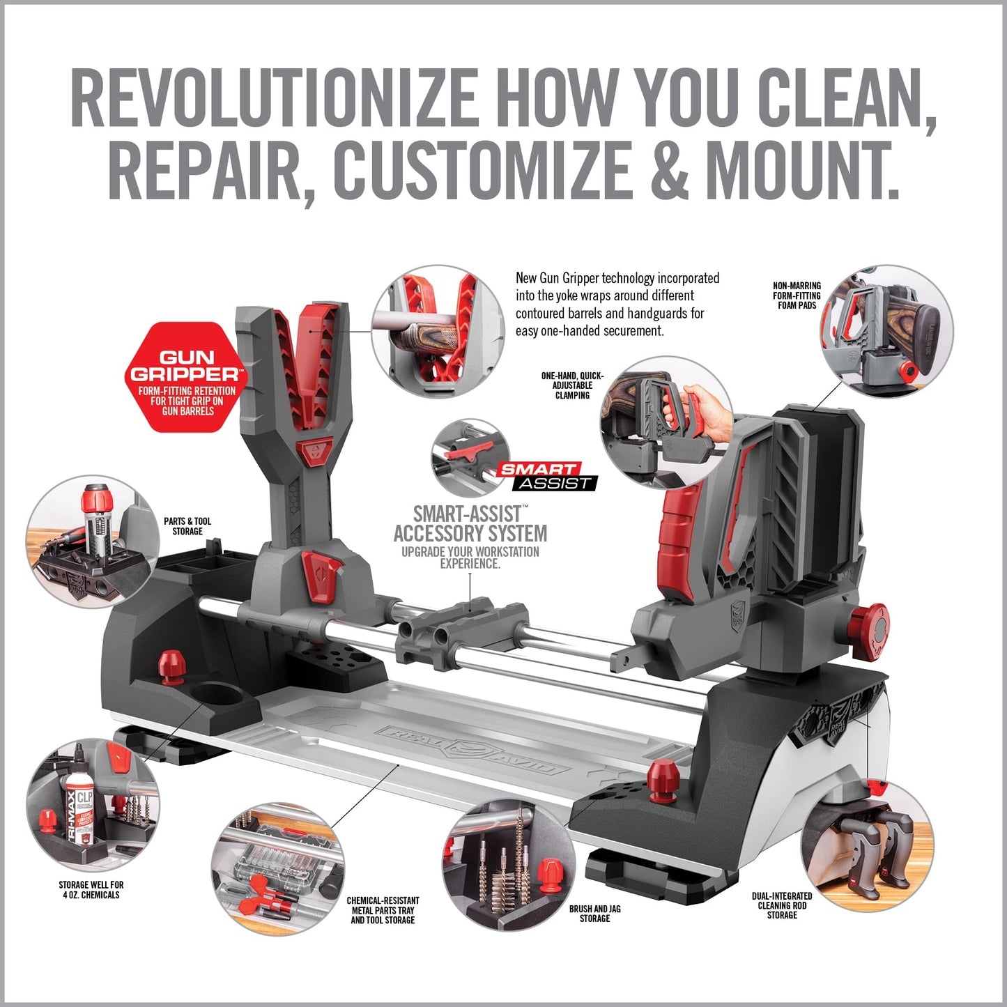 Real Avid Master Gun Workstation Up to 18.3" Of Travel One-Hand Quick Adjustable Clamping, Non-Marring Form-Fitting Yokes Vise Ideal For Gun Cleaning & Maintenance w/ Leveling Knob for Scope Mount