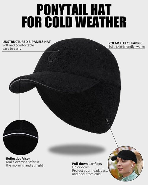 PivotWing Winter Hats for Women, Ponytail Hat with Ear Flaps Stretchy Fleece Winter Hiking Walking Running Cap Reflective Visor Baseball Caps Cold Weather Running Gear for Women Black