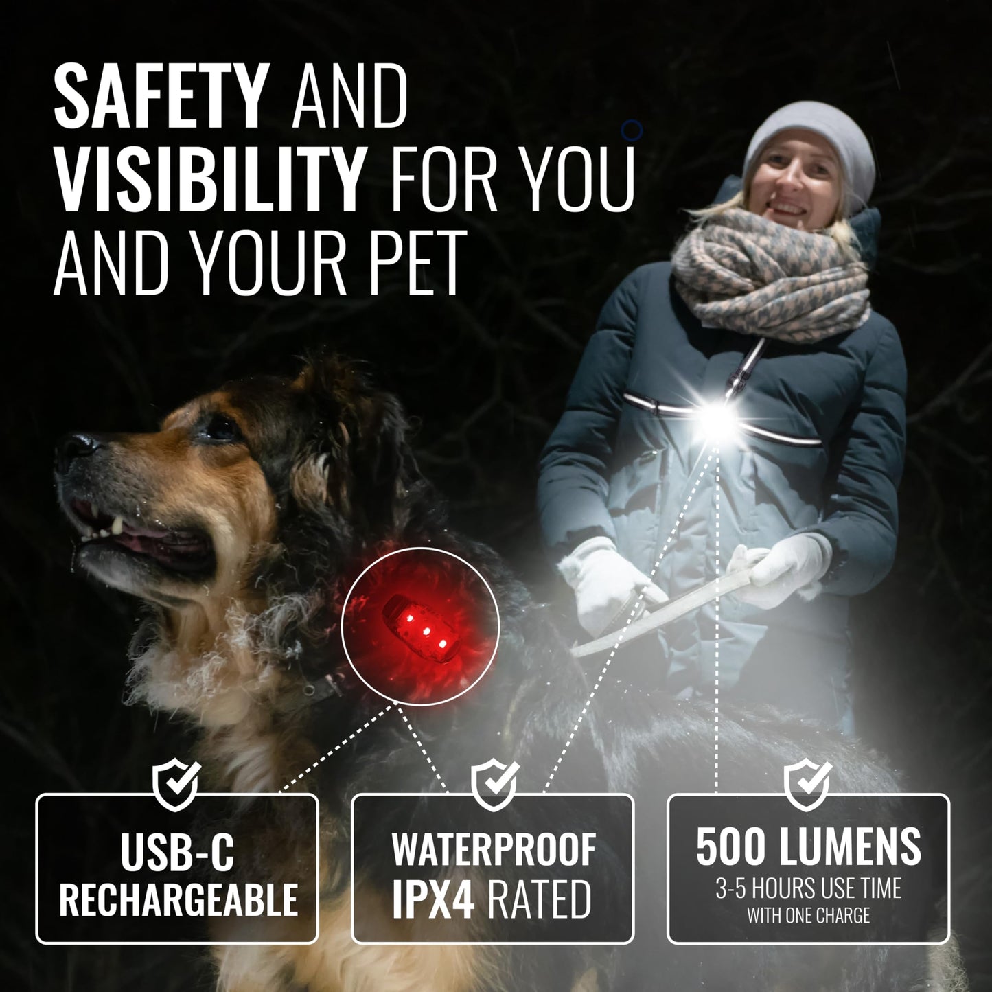 AVANTO Chest Light and LED Dog Walking Set - Night Safety for Dogs, Bikes, Strollers, Running - Reflective Gear, Clip-on Light & Bicycle Safety