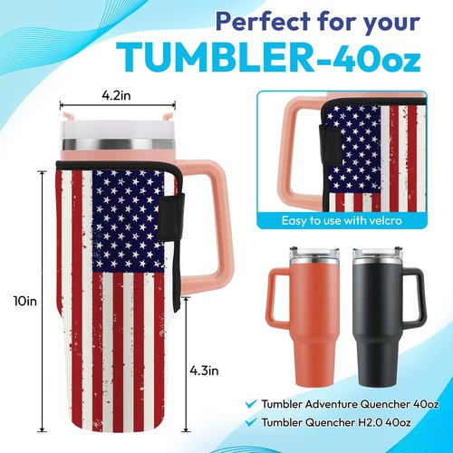 HYTURTLE Neoprene Insulator Sleeve American Flag Printed 40oz Cup With Handle, Accessories For 40oz Tumbler With Handle - 40oz Cup Protector - Easy Clean - Gifts For Patriot