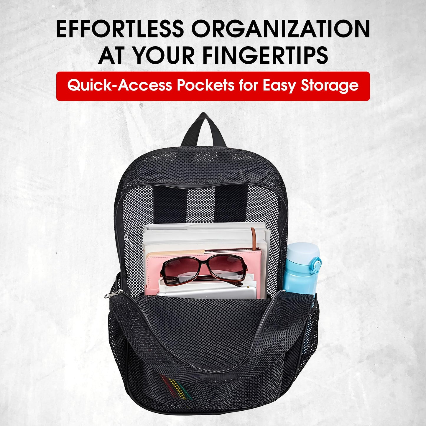 A CENTER Mesh Backpack,See Through Backpack with Padded Shoulder Straps for Work,Travel, Security, Swimming and Beach - Grey/Turquoise/Sweet Coral