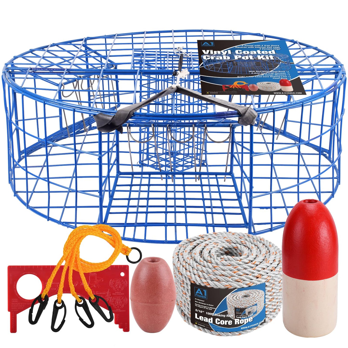 A1FISHER Heavy Duty Crab Pot Trap Pacific 3 Tunnel with 2 Doors(30''Dia-10''Tall) Crabbing Kit for Dungeness