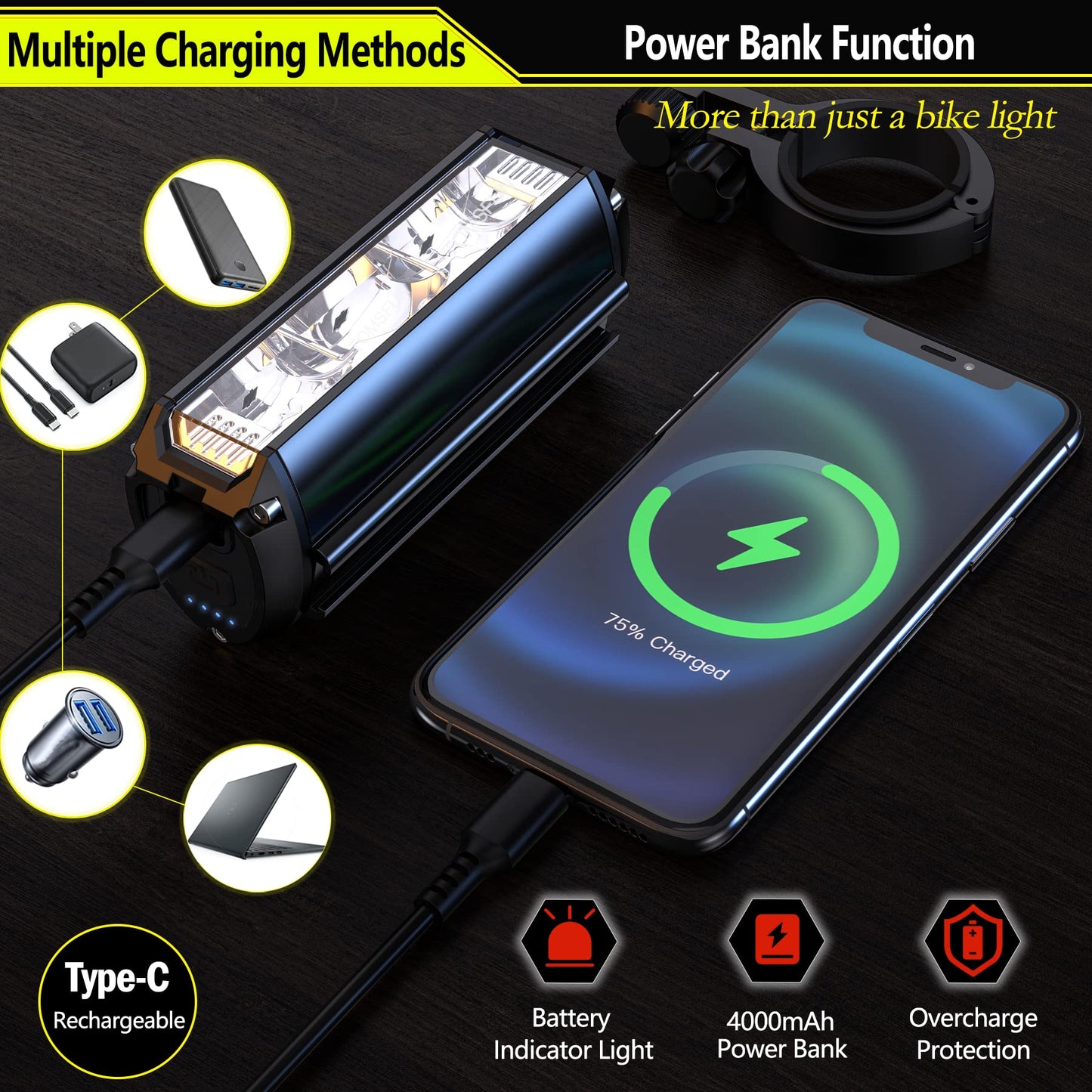 3 LED Bike Light, Super Bright Bike Lights 1200 Lumen, Bike Headlights with High Beam Low Beam, Best Bike Lights for Night Riding, USB-C Rechargeable Bike Headlight, Waterproof Bicycle Lights