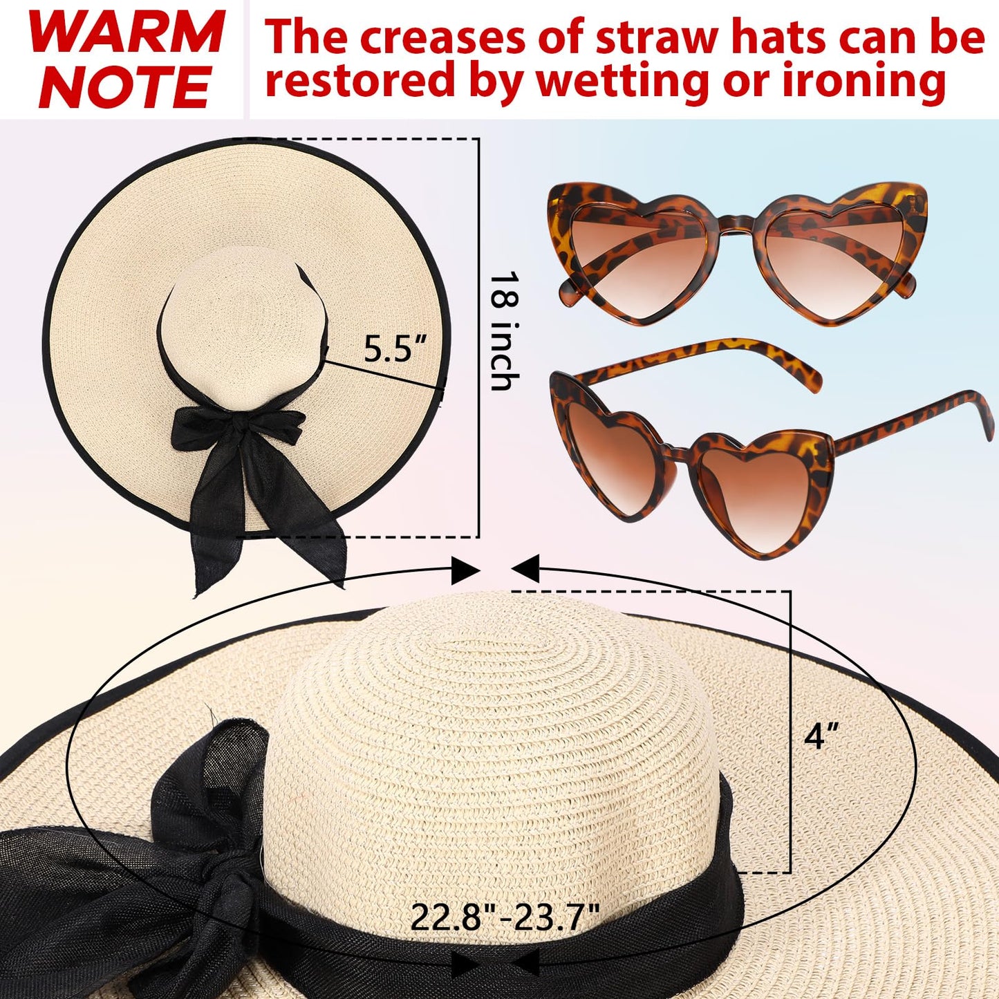 Jeyiour 12 Pcs Women Floppy Summer Hat Wide Brim with Heart Shape Glasses Big Bowknot Straw Hat Sun Hats Heart Sunglasses (Modern Colors)