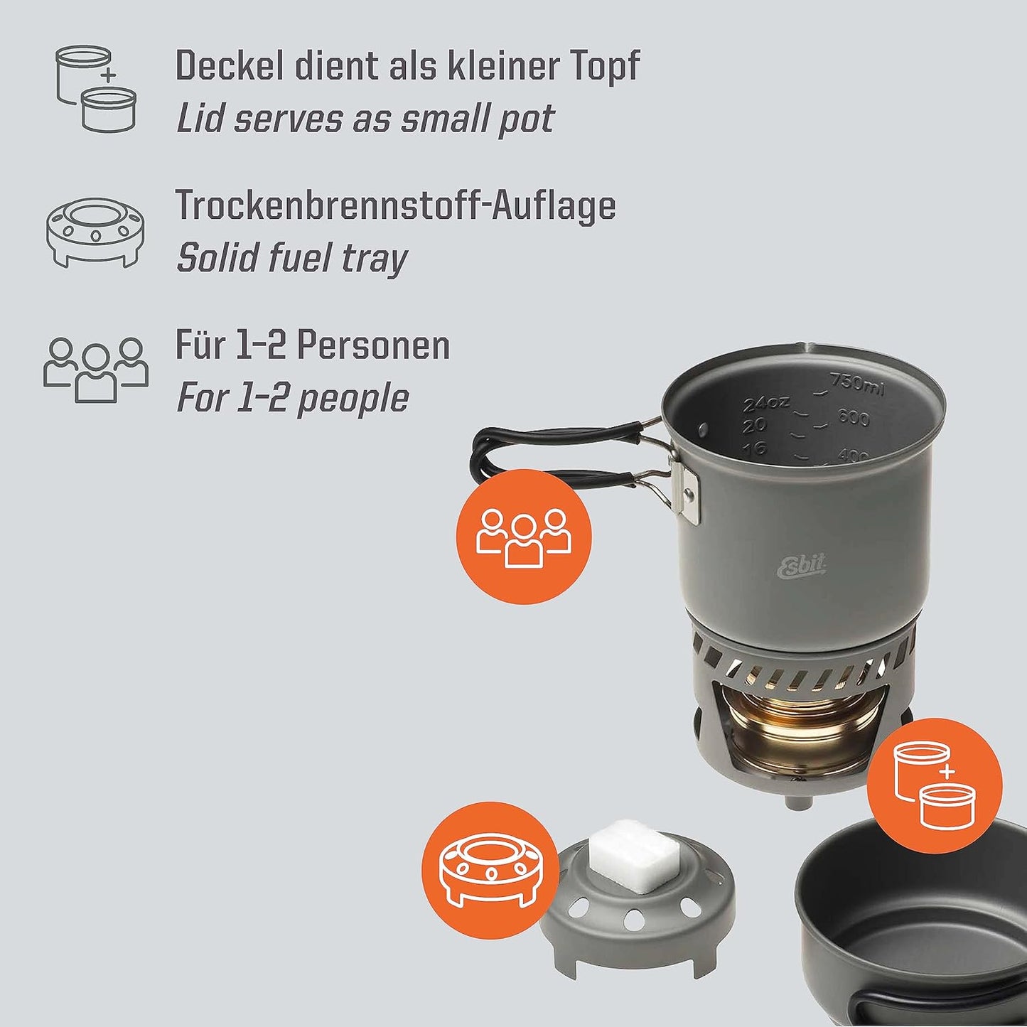Esbit CS985HA 5-Piece Lightweight Trekking Cook Set with Brass Alcohol Burner Stove