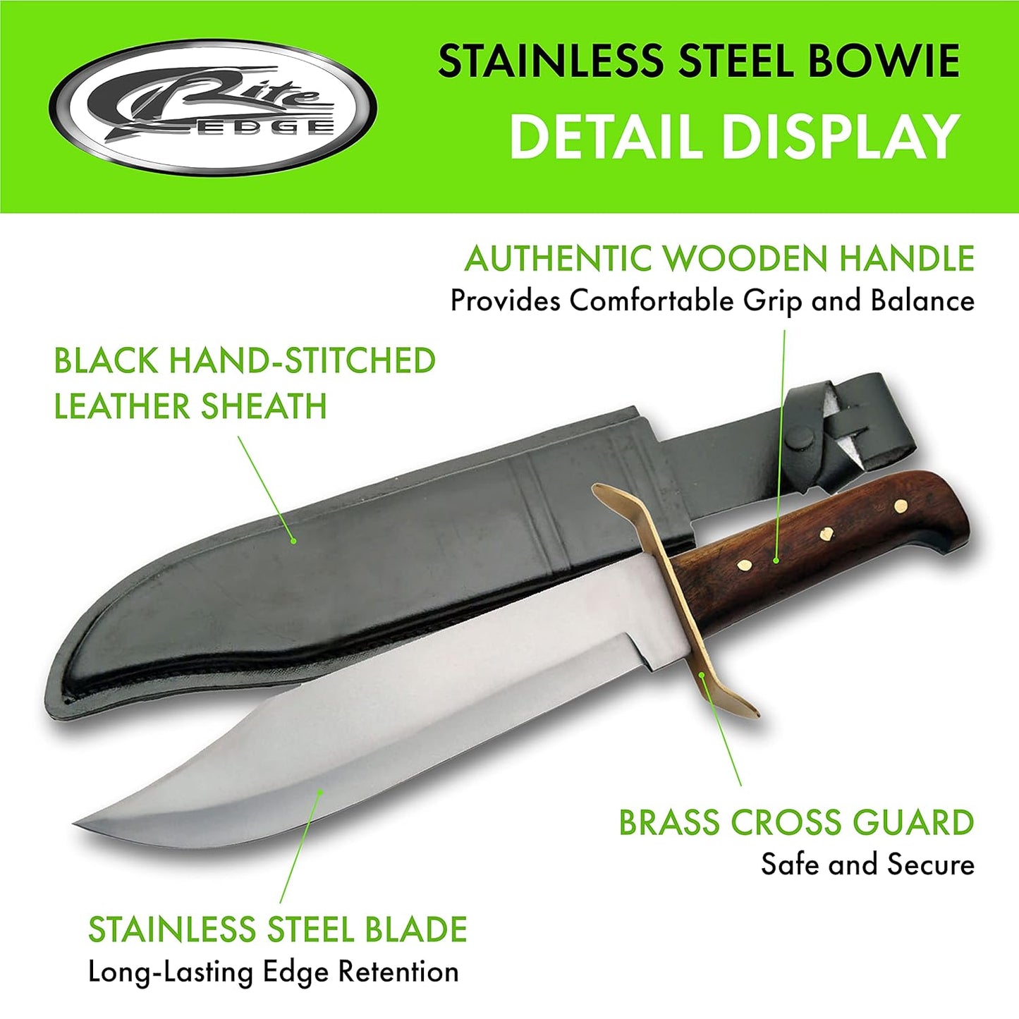 SZCO Supplies 15” Full Tang Bowie Knife with Sheath - Fixed Blade Hunting Knife for Men with Stainless Steel Blade, Wood Handle, Brass Guard, and Sheath - Hunting Knives for Men