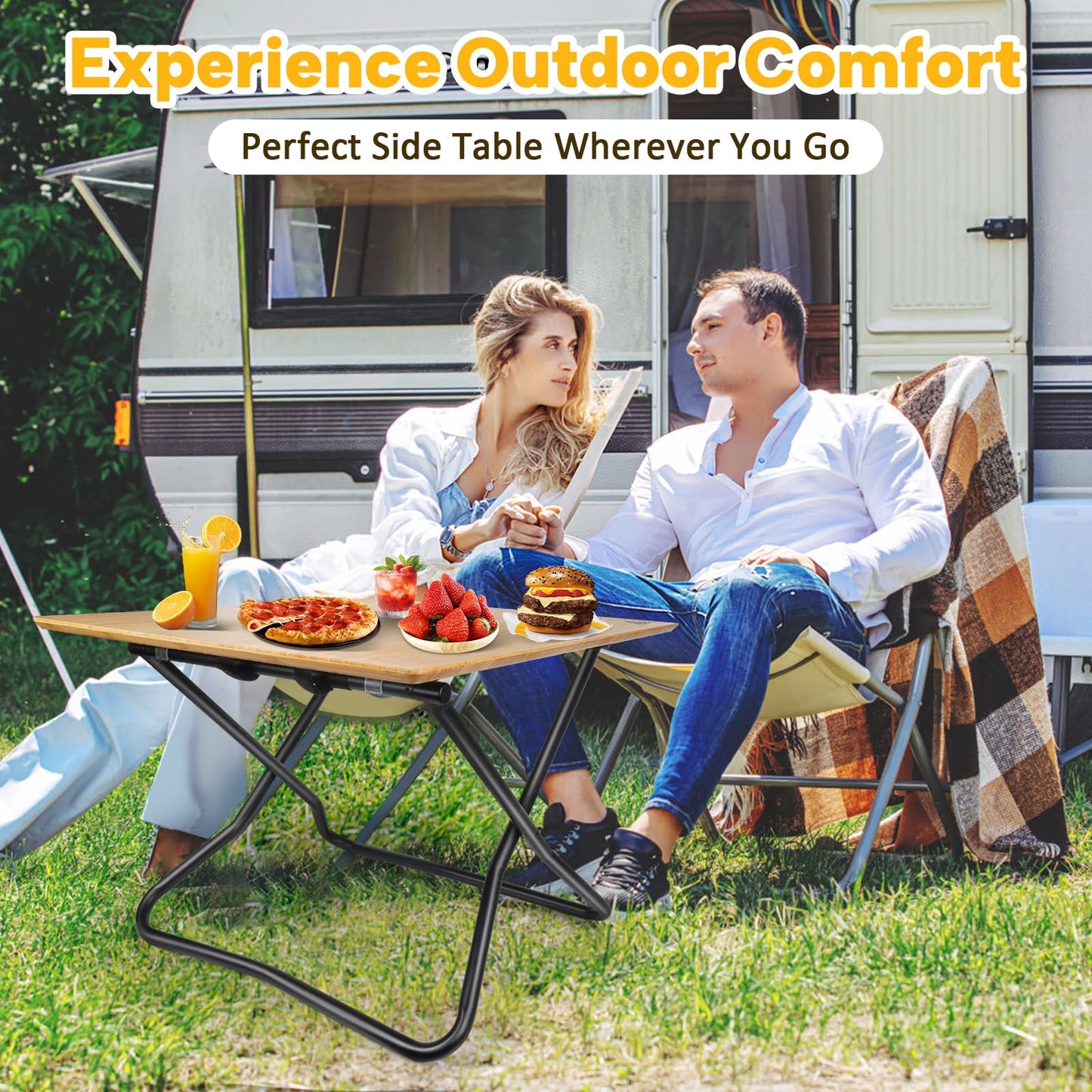 AREFFA Folding Bamboo Camping Table, Portable Outdoor Picnic Table with Aluminum Frame, Foldable Lightweight Camp Kitchen Table for BBQ, Hiking, RV, Beach, Easy Setup, 110lbs Load Capacity