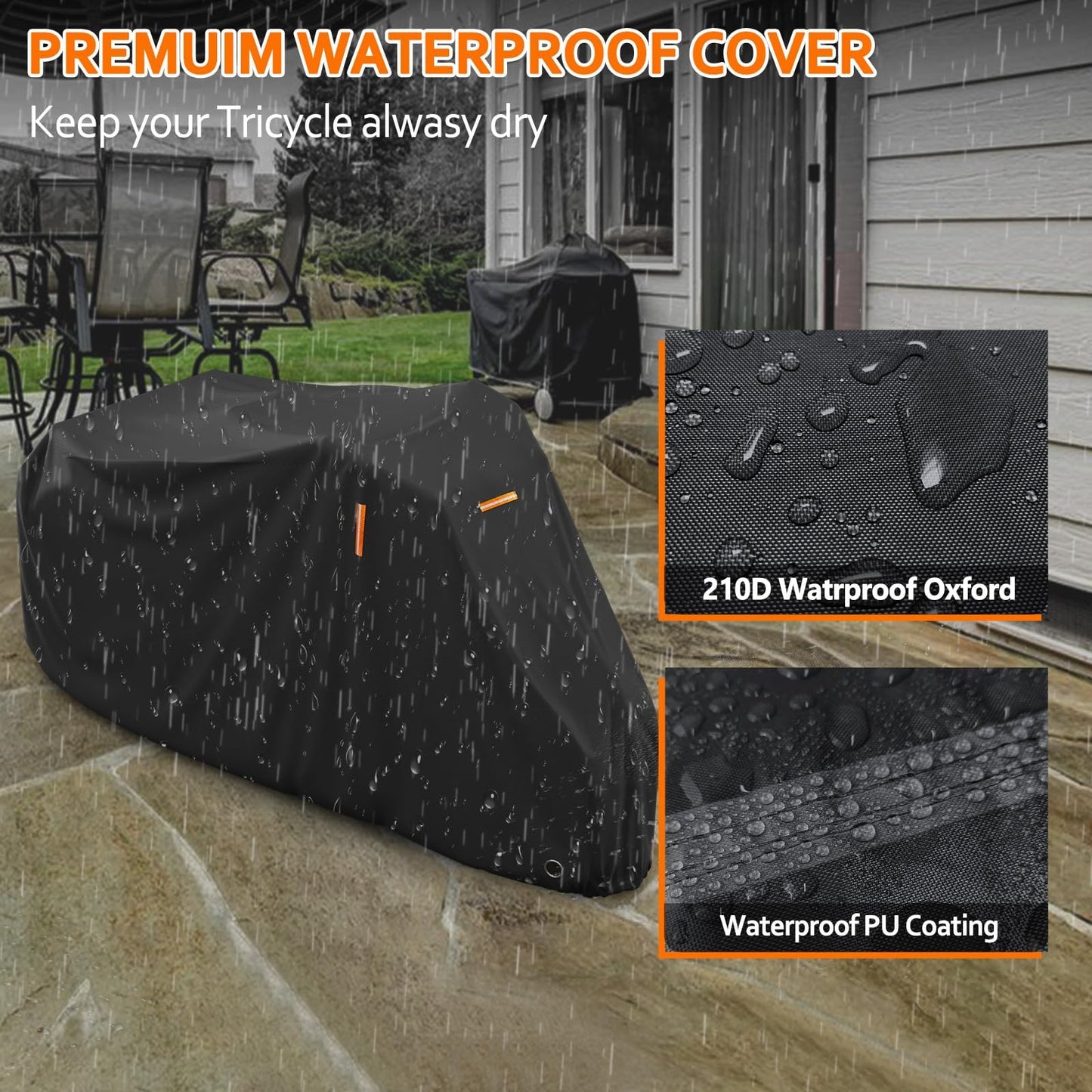 AKEfit Adult Tricycle Cover Electric Tricycle Covers, Bike Covers Outdoor Storage Waterproof, Dustproof Bicycle Cover, Windproof Recumbent Trike Cover Black