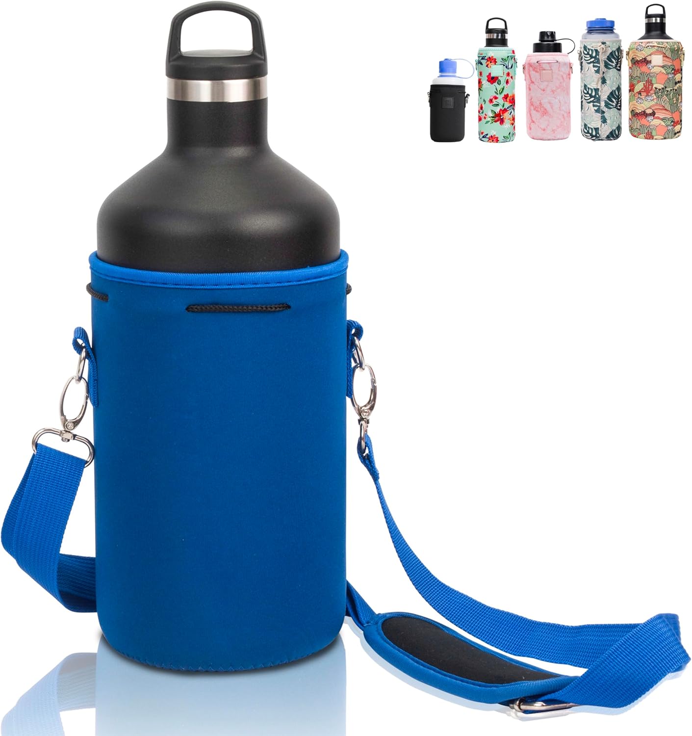 Insulated Neoprene Water Bottle Carrier | Adjustable Sling Pouch | Black, Large