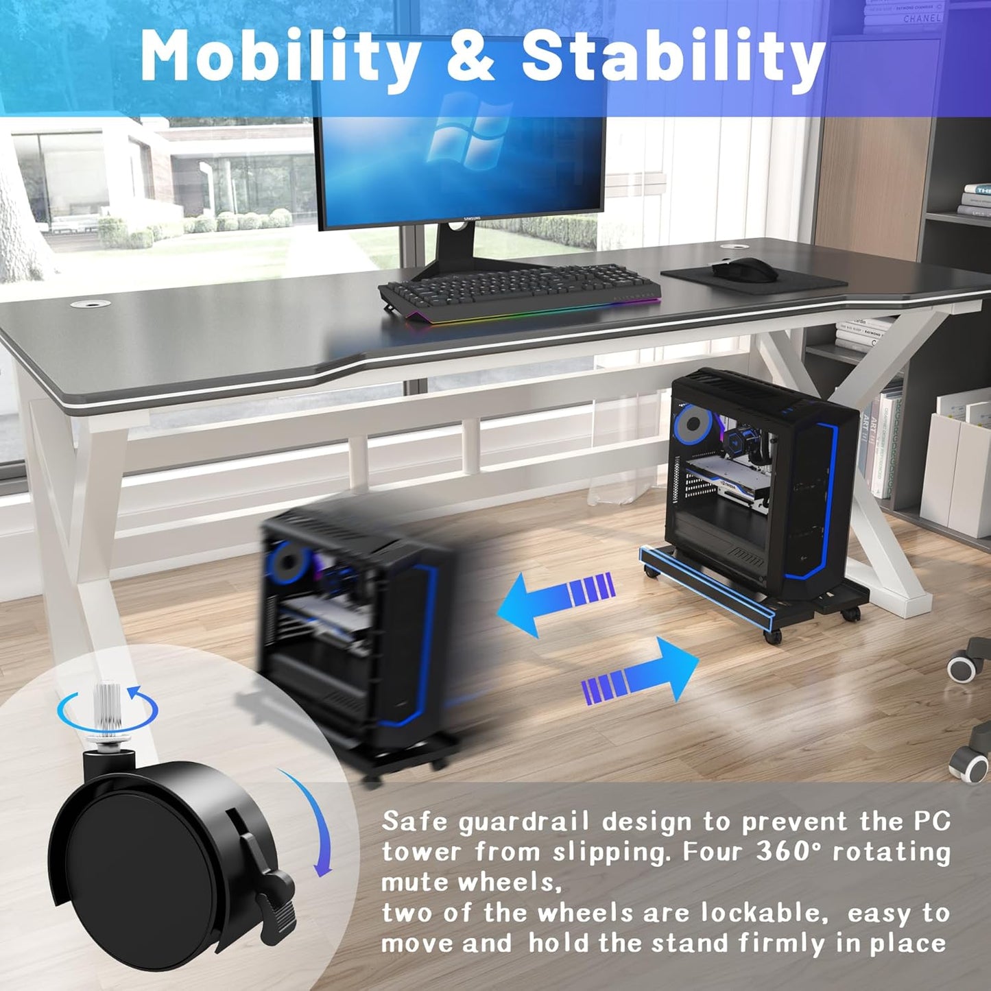 Mobile CPU Stand, CPU Rolling Stand Adjustable Computer Mobile Cart Holder with Locking Caster Wheels PC Stand - Black