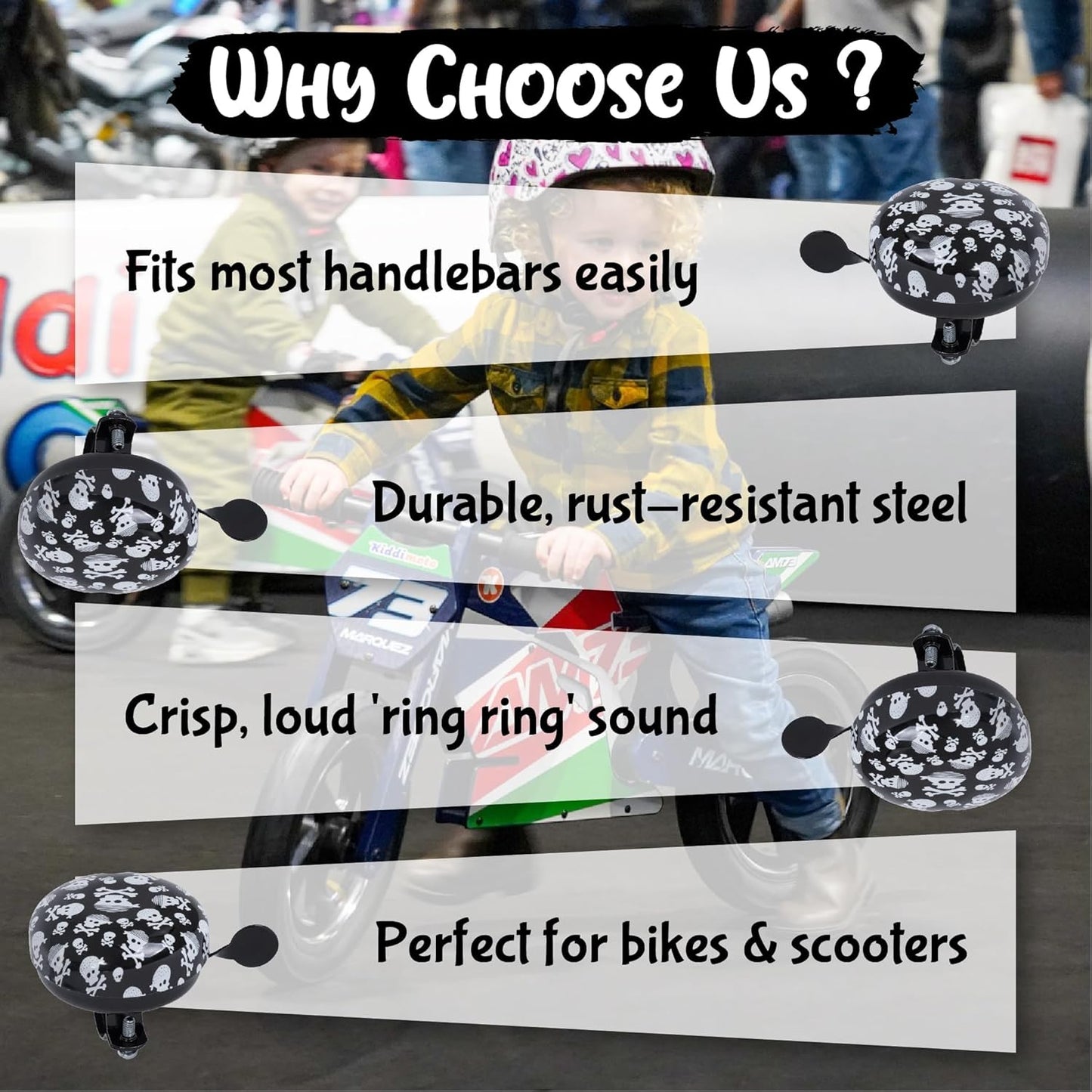 Kiddimoto Bike Bells for Kids| Premium Bicycle Bell for Kids, Boys, Girls and Adults with Loud Melodious Sound | Bicycle Horn for Road Bike, Mountain Bike, Bicycle, Scooter, MTB, BMX