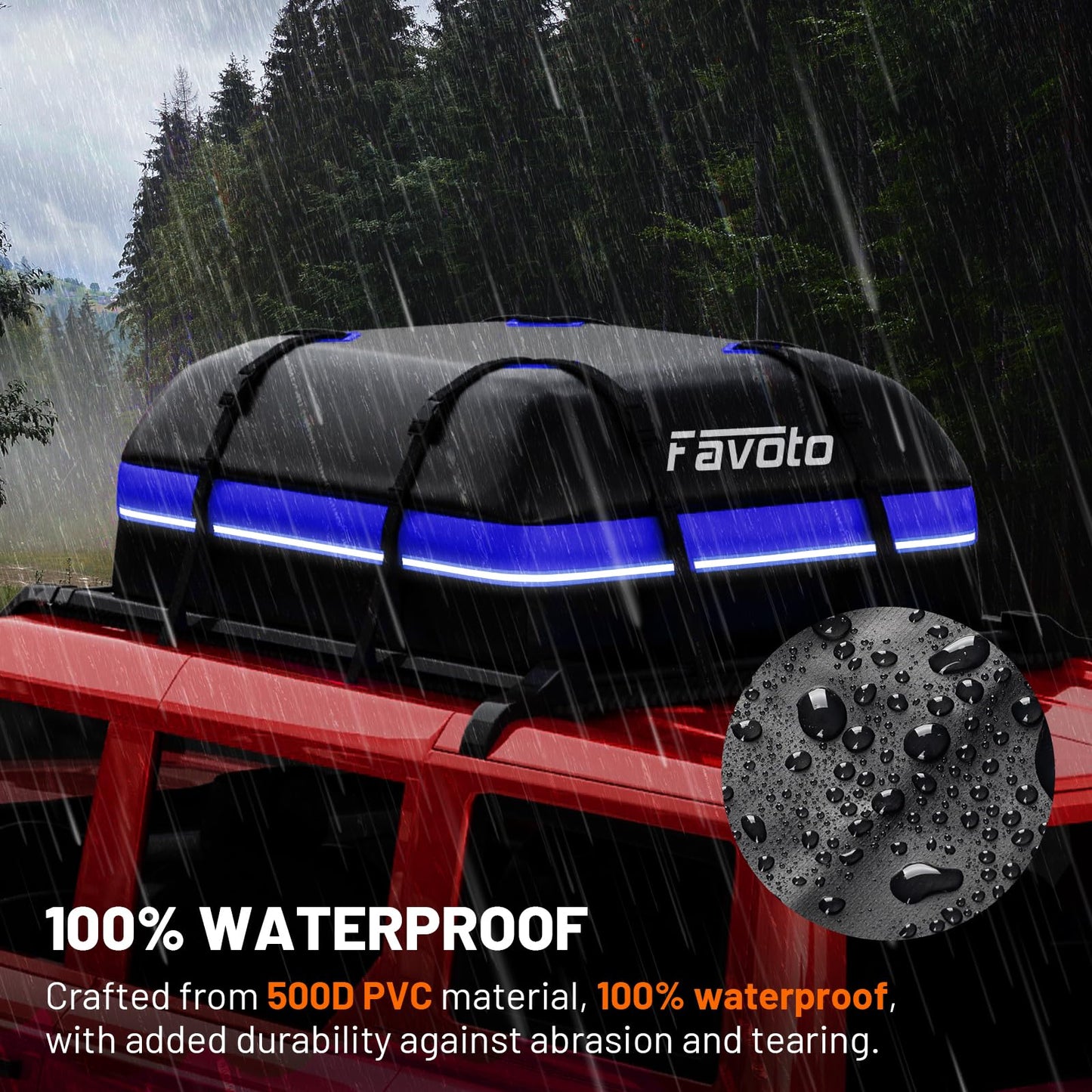 Favoto Car Roof Cargo Bag - 15 Cubic Feet Waterproof Carrier for Most Vehicles SUV/Sedan, 500D PVC Material with 8 Reinforced Straps & Anti-Slip Mat, Black & Orange, Black & Blue