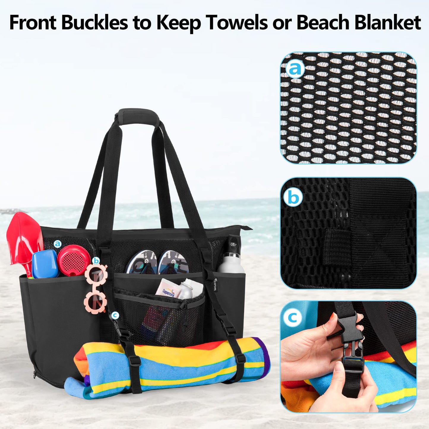 Fasrom Extra Large Mesh Beach Bag with Zipper Bottom Bundle with Mesh Beach Backpack with Waterproof Bag and Pocket for Beach or Pool Trip