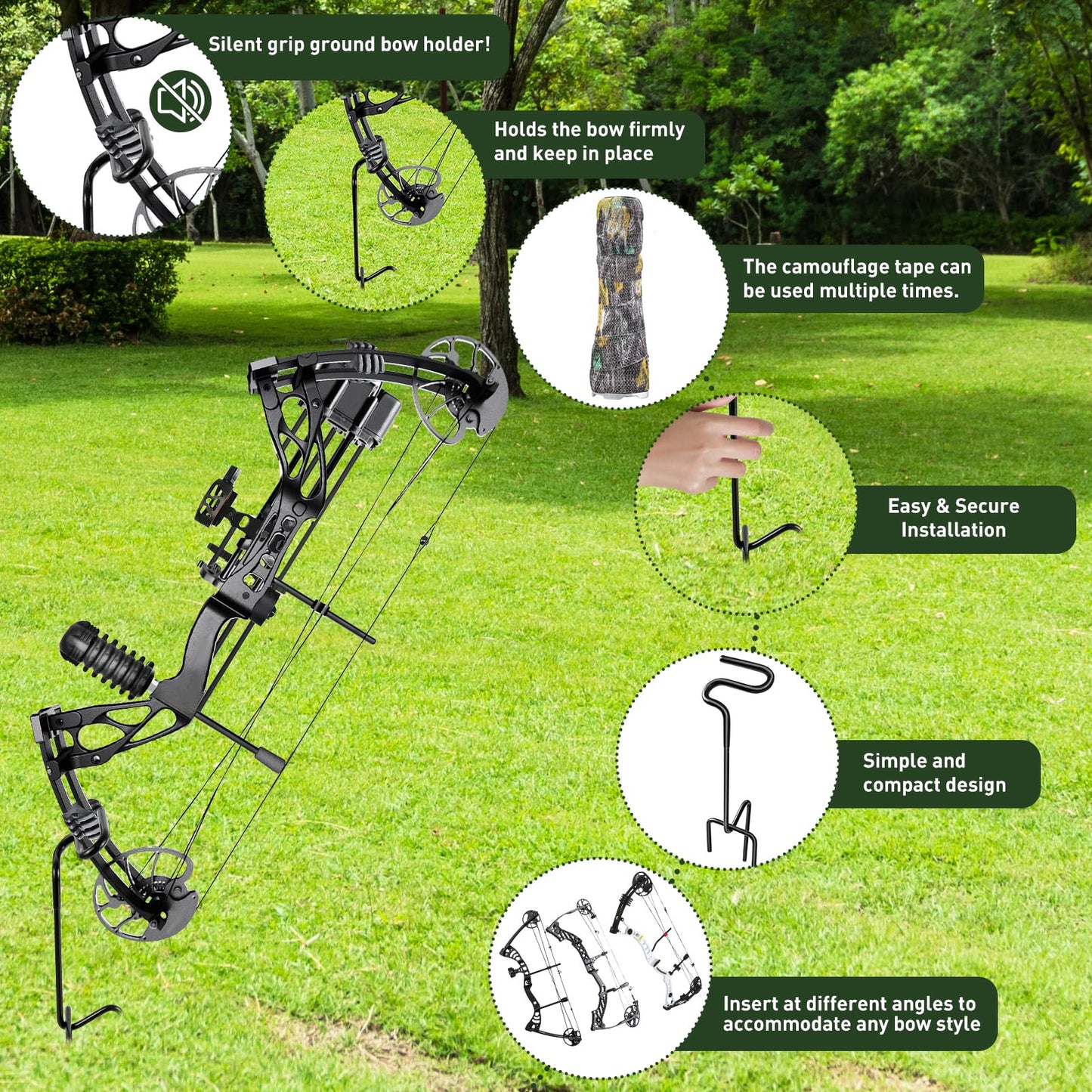 2 Pack Ground Bow Holder, Rustproof Hunting Ground Blind Bow Holder with Self-Adhesive CamouflageTape Rubber Coated Compound Bow Holder Versatile Archery Ground Stake Bow Stand for Hunting Practice