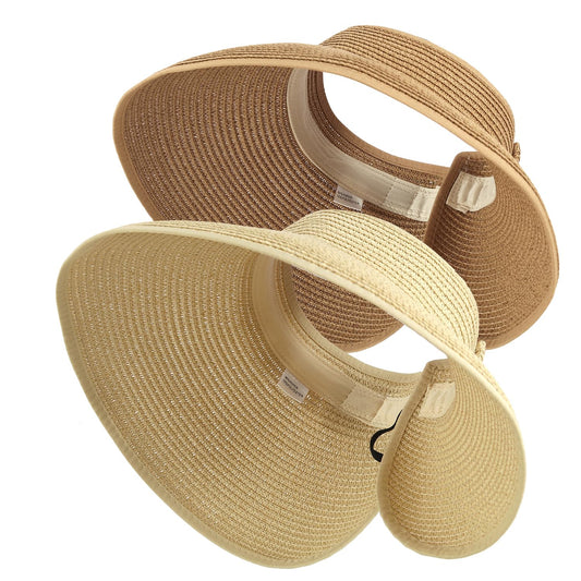 2Pcs Foldable Straw Sun Visor Hats,Wide Brim Ponytail Summer Beach Hat, Protect Your Skin Easily Perfect for Women Summer Vacation (Natural +Beige)