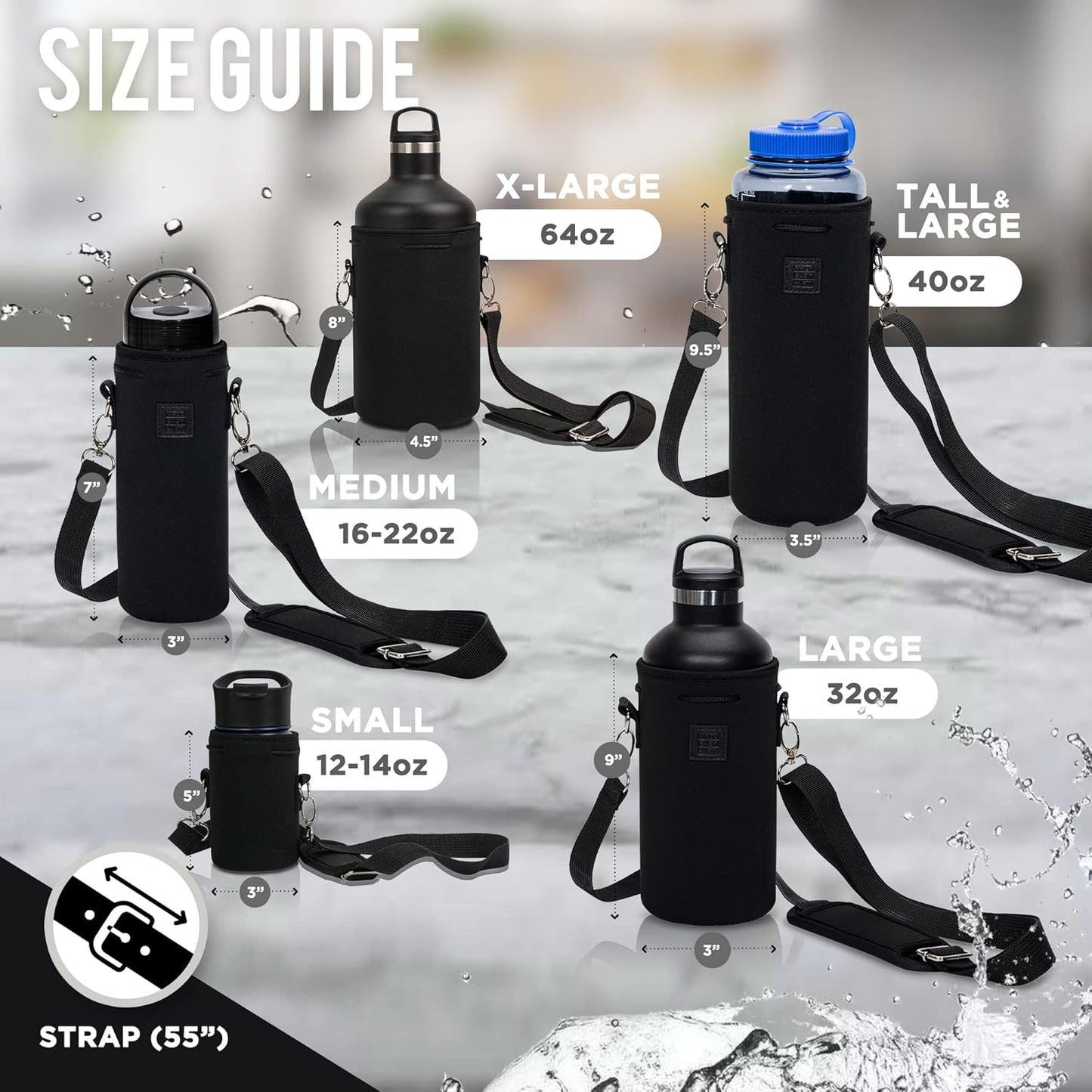 Insulated Neoprene Water Bottle Carrier | Adjustable Sling Pouch | Black, Large