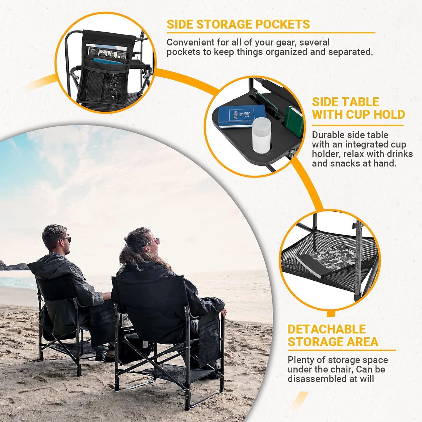 KingCamp XXL Oversized Directors Chair with Side Table, Heavy Duty Camping Chairs 600lbs with Cooler Bag, Portable Folding Camp Chair with Wide Seat for Camping Hiking Fishing Lawn Outdoor and Sports