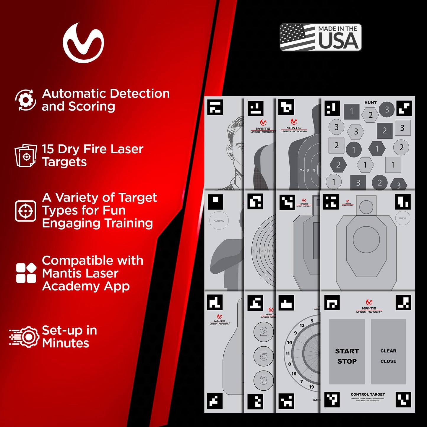 Mantis Laser Academy Smart Targets | 15 Dry Fire Laser Targets for Practice & Training | Automatic Detection & Scoring with App