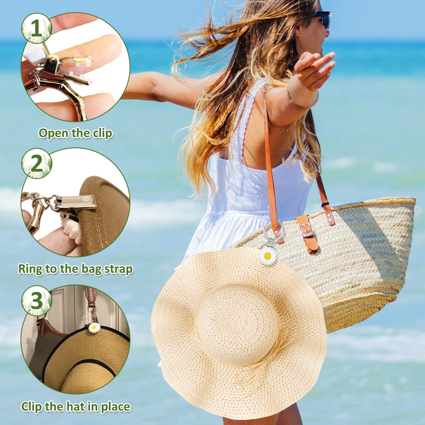 2 Pcs Hat Clip for Travel on Bag- Securely Attach Hats to Bags, Totes, Luggage - Hands-Free, Prevents Loss at Beach/Outings (US, Alpha, One Size, Bamboo Ring, Yellow & White Flowers)