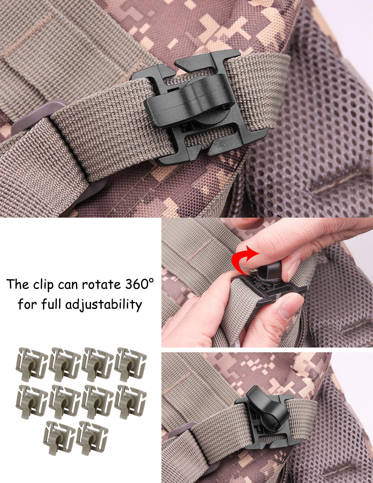 10 pcs Water Tube Clip, Hydration Hose Clip 360° Rotation, Simple Structure, ABS Material, Water Bottle Clip for Backpack, for Drinking Pipes with a Diameter of 8~12MM.