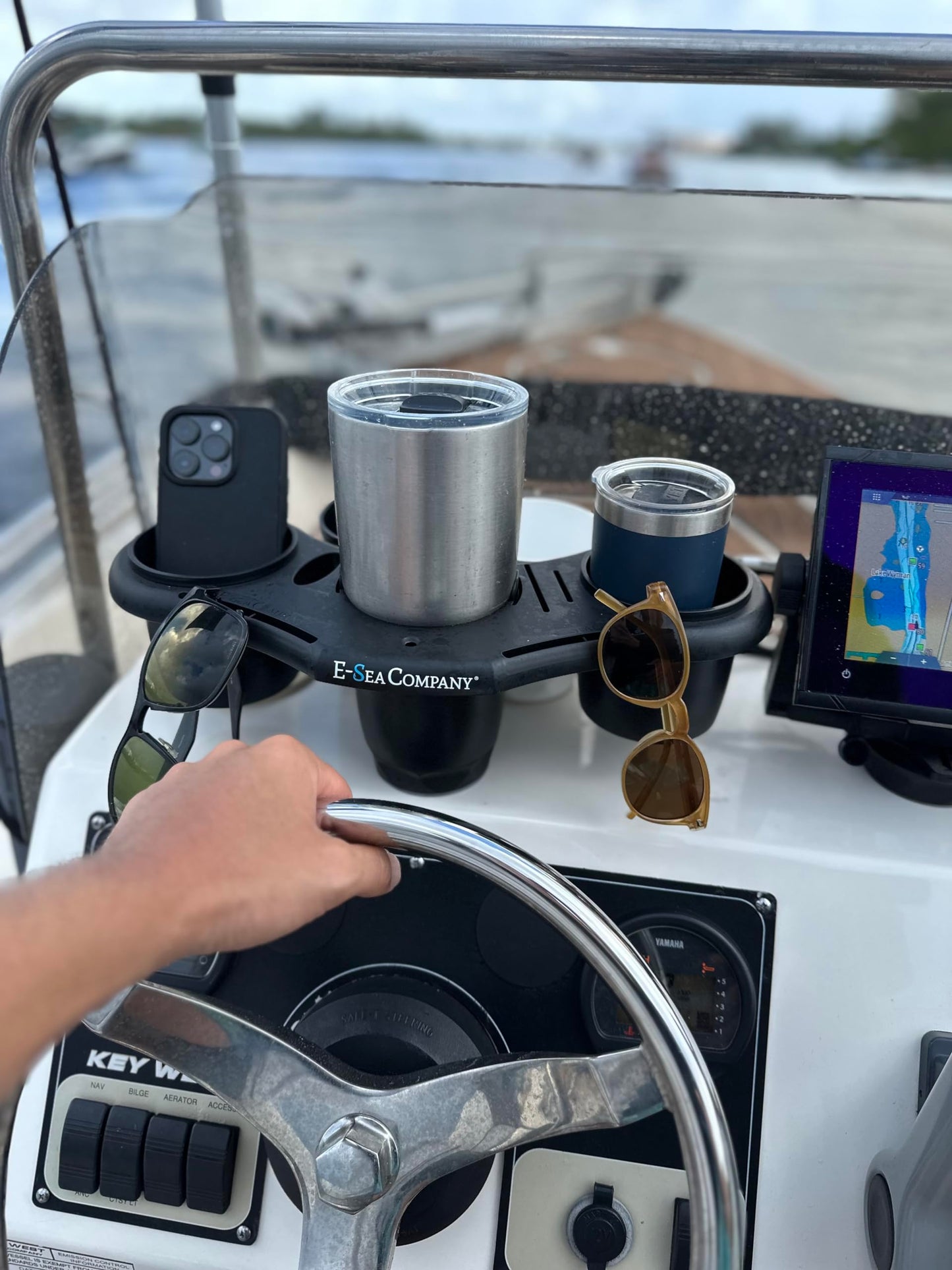 E-Sea Company: E-Sea Caddy Pro- (Black). Multi Cup Suction Mounted Drink Holder w/Knife, Pliers, Hook and Sunglass Storage. Perfect for Boats, Paddle Boards, Kayaks, Camping and More!