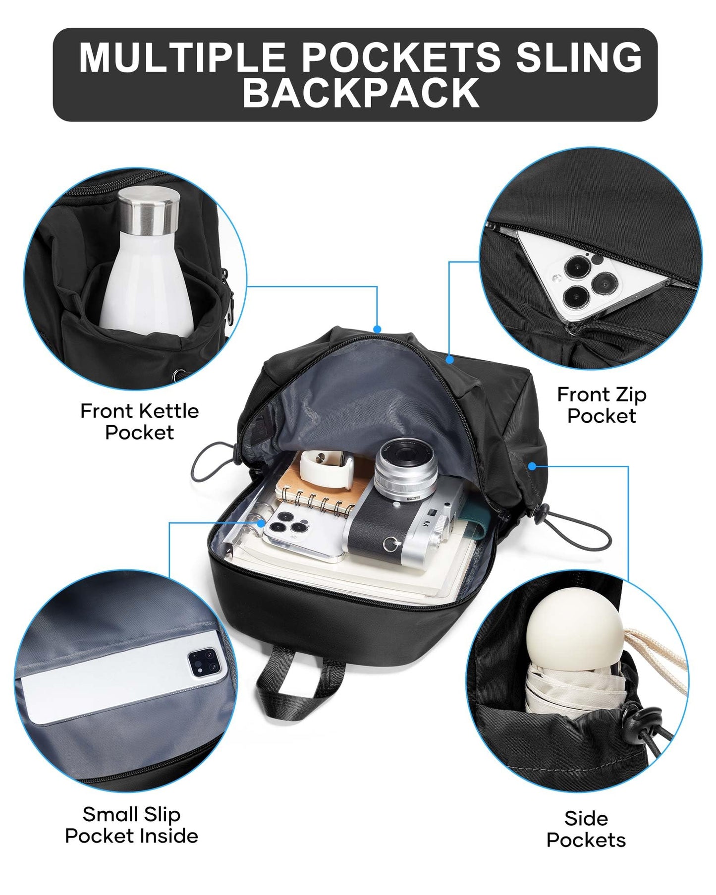 Black Sling Crossbody Bag for Men Women, Tactical Backpack Shoulder Daypack Mini Anti-Theft Cross Body Motorcycle Chest Bags, Small One Strap Fanny Back Pack for Casual Travel Hiking Sport Gym