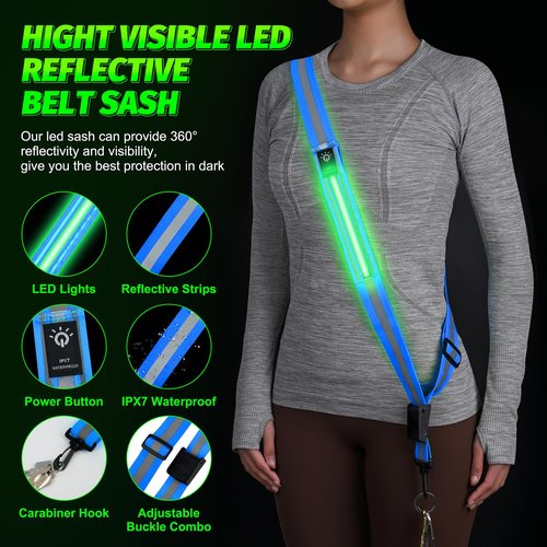 LED Running Gear High Visibility Reflective Belt Sash, Adjustable Night Walking Safety Gear, Rechargeable Light Up Running Reflective Belt for Runners Walkers Men Women(Blue)