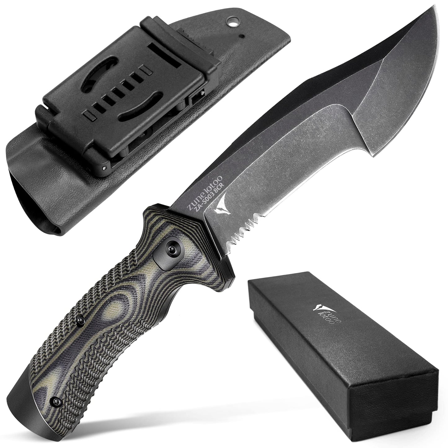 ZUNE LOTOO Full Tang Fixed Blade Tactical Knife for Men, 9.4" Bowie Knife with Kydex Sheath & G10 Handle, 8Cr14mov Survival Hunting Knives for Bushcraft Camping Outdoor Skinning