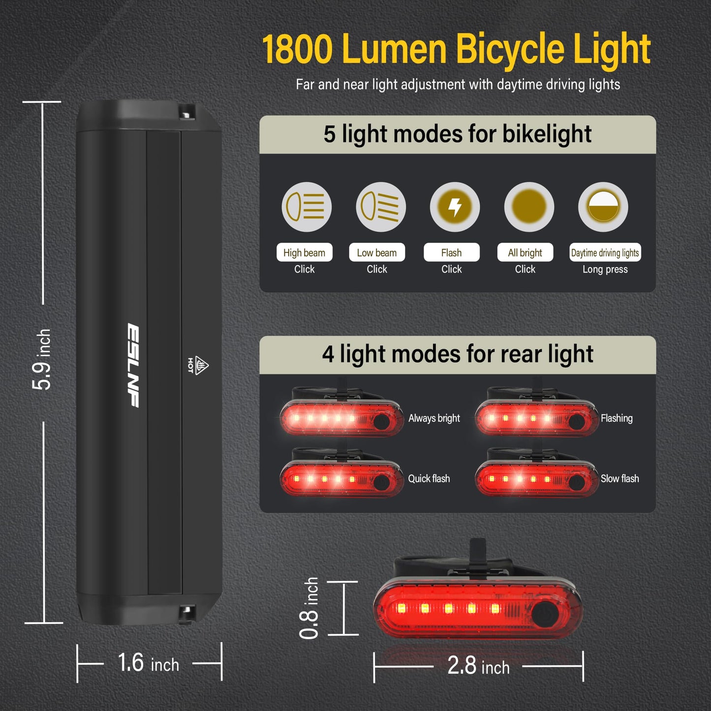 1800 Lumen Super Bright LED Bike Light Set - IPX5 Waterproof USB Rechargeable Bicycle Lights for Night Riding, Mountain & Road Cycling - High Brightness, Essential Bike Accessories