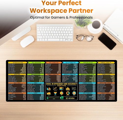 Excel Shortcuts Mouse Pad - Extended XL Office Keyboard Mat (31.5" x 11.8") Inch, Excel Mouse Pad Shortcuts, Stitched Edges | Non-Slip Base Excel Cheat Sheet Desk Pad