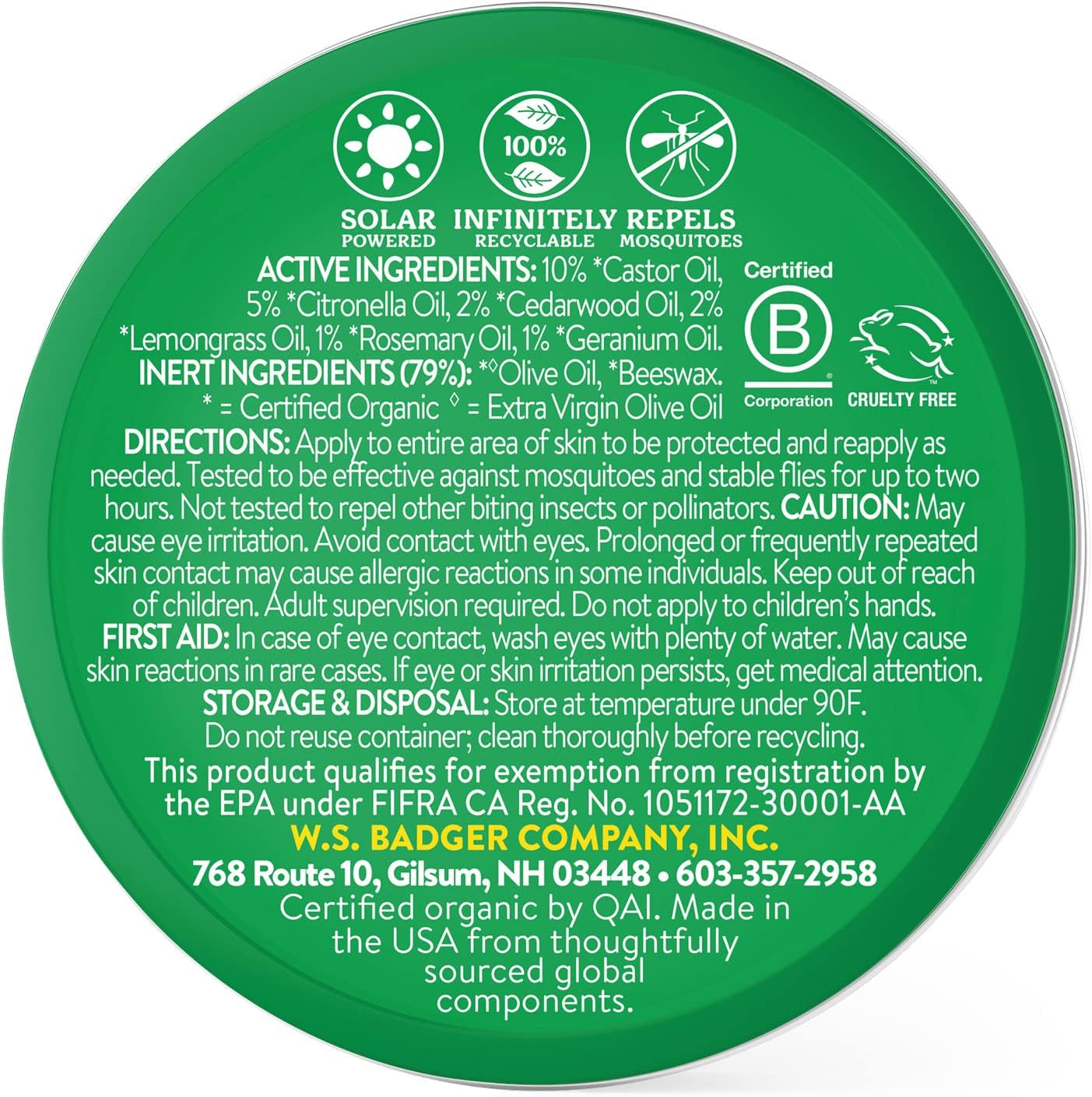 Badger Bug Repellent Tin, Organic Deet-Free Mosquito Repellent with Citronella, Family Friendly Pleasant Smelling Insect Repellent, Easy to Use Travel Size, .75 oz Tin
