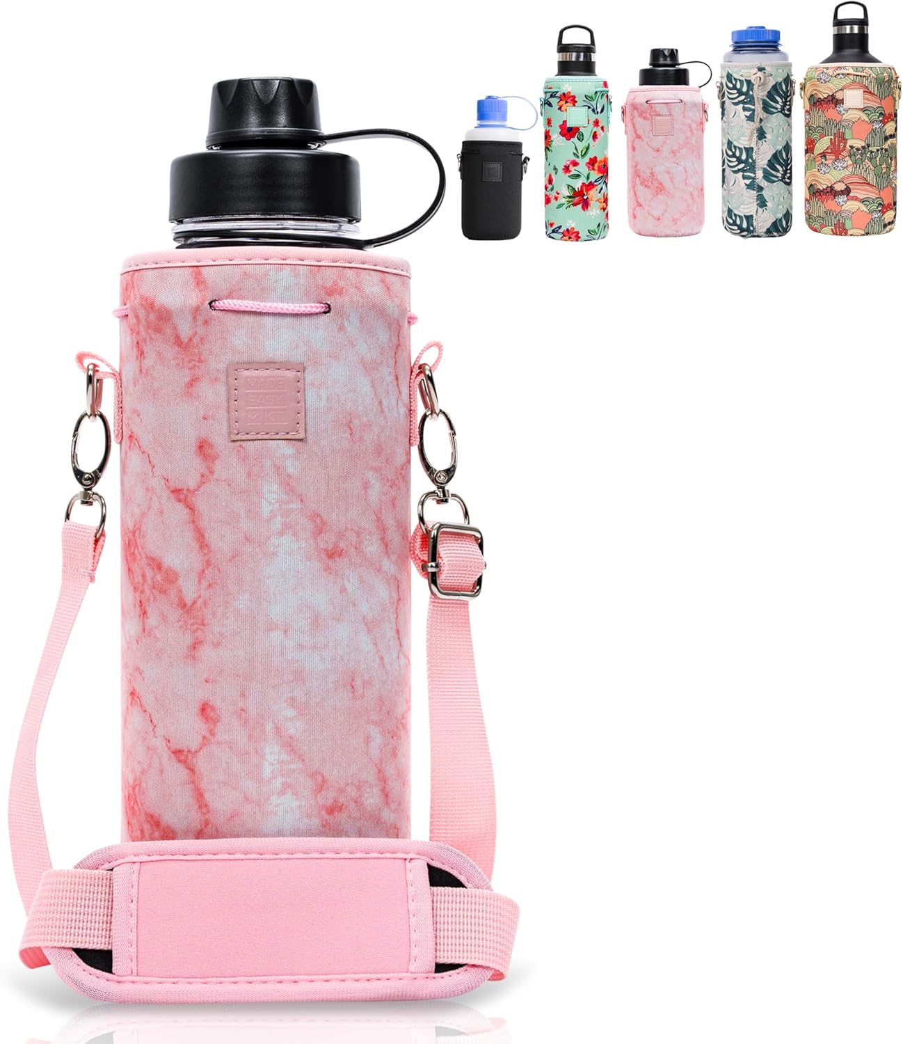 Insulated Neoprene Water Bottle Carrier | Adjustable Sling Pouch | Black, Large