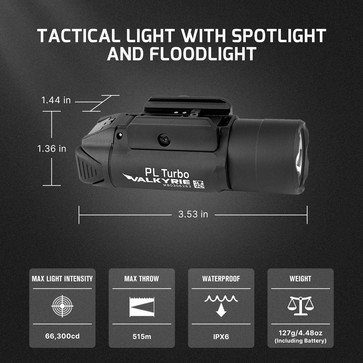 OLIGHT PL Turbo Weaponlight, 800-Lumen 515 Meters Long-Range Tactical Flashlight, 66,300 High Candela Compact Rail-Mounted Light with Strobe Function and Rail Locating Keys, Fits Picatinny and GL Rail