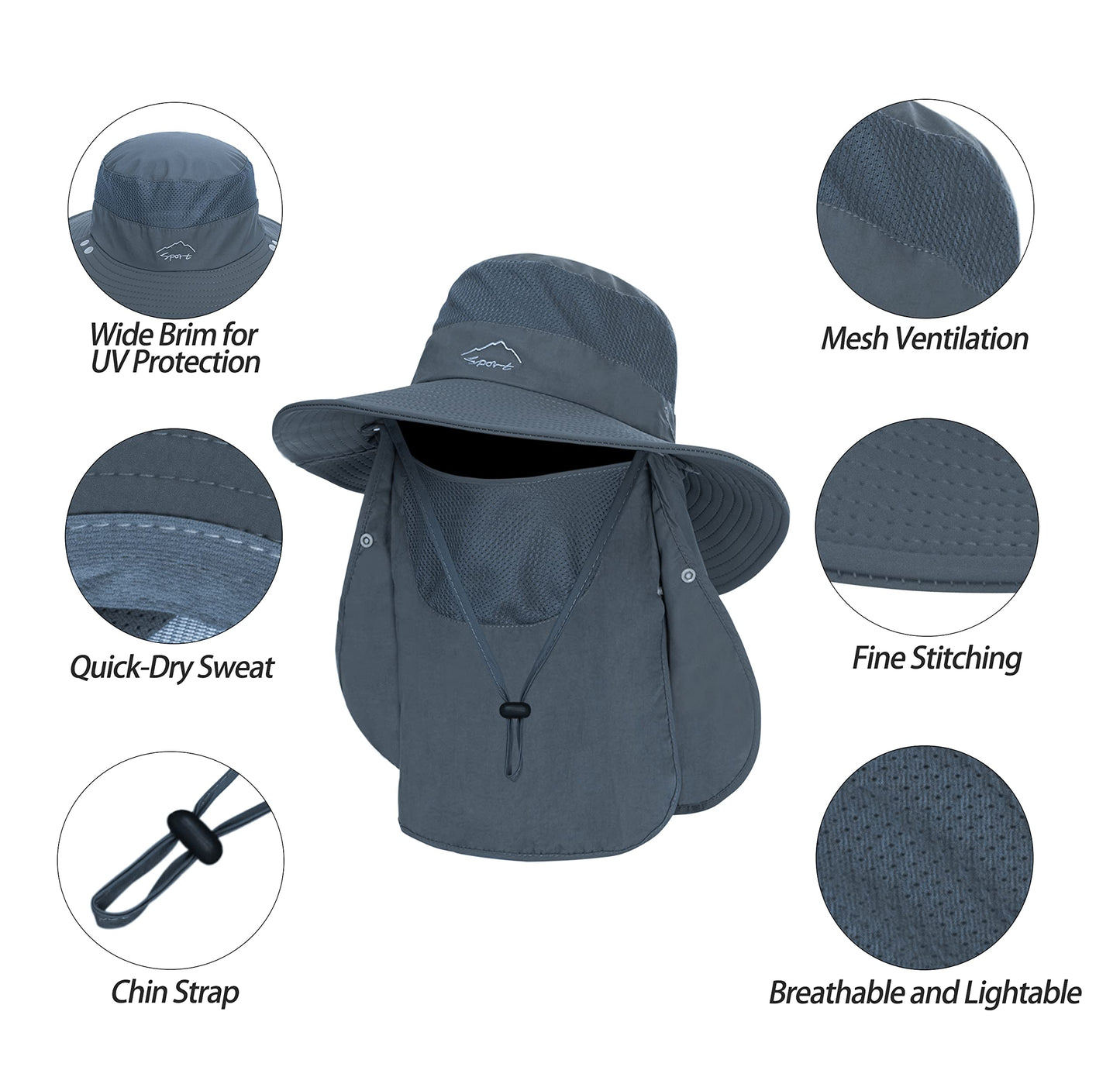 Fishing Hat for Men, Outdoor 3 in 1 Sun Hat Summer Wide Brim Safari Hat Boonie Hat with Neck Flap Dark Grey