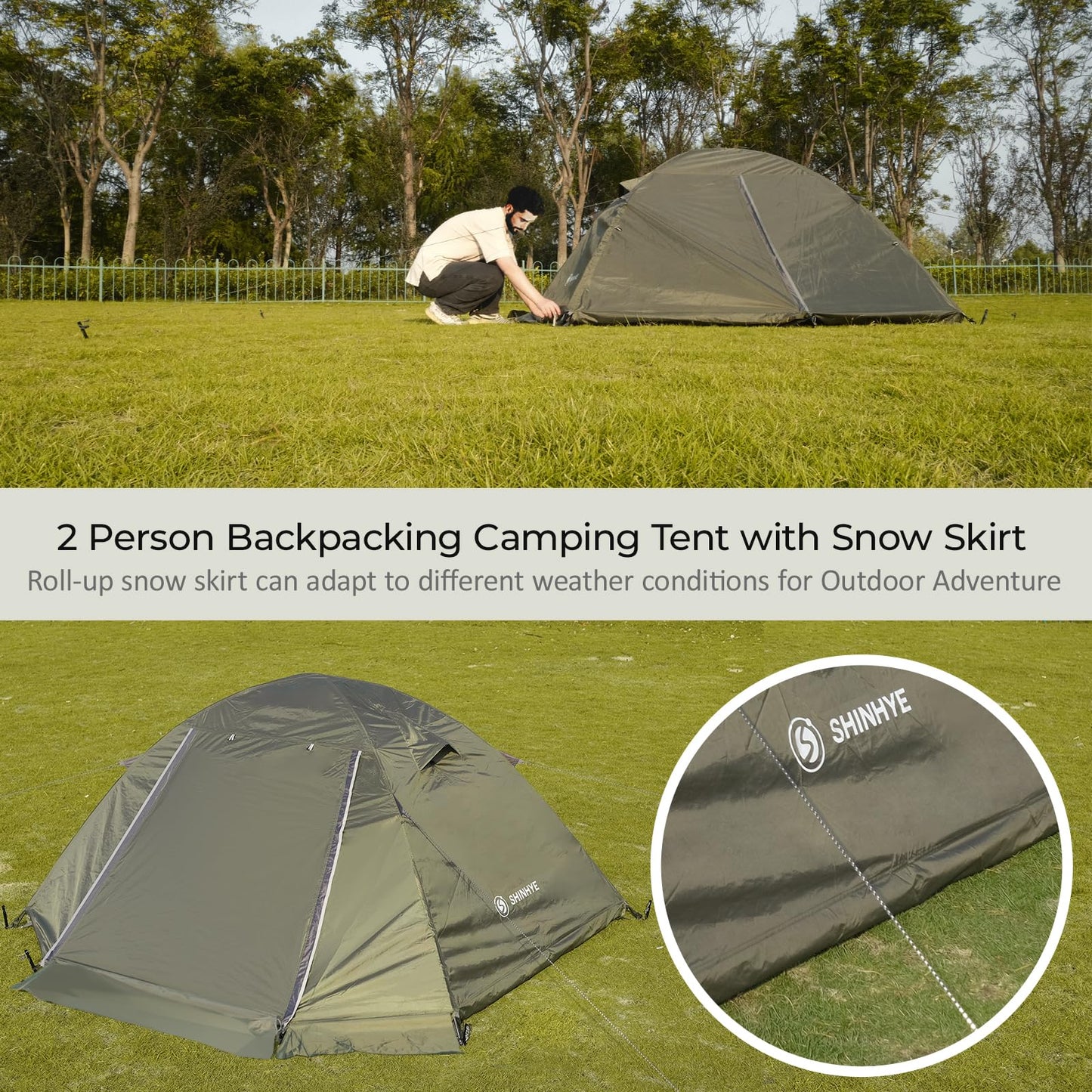 1/2 Person Backpacking Tent for 4 Season, Winter Ultralight Extreme Cold Weather Tents for Camping Easy Setup Waterproof Double Layer Tent for Family Outdoor Hiking Mountaineering (Green- 2 Person)