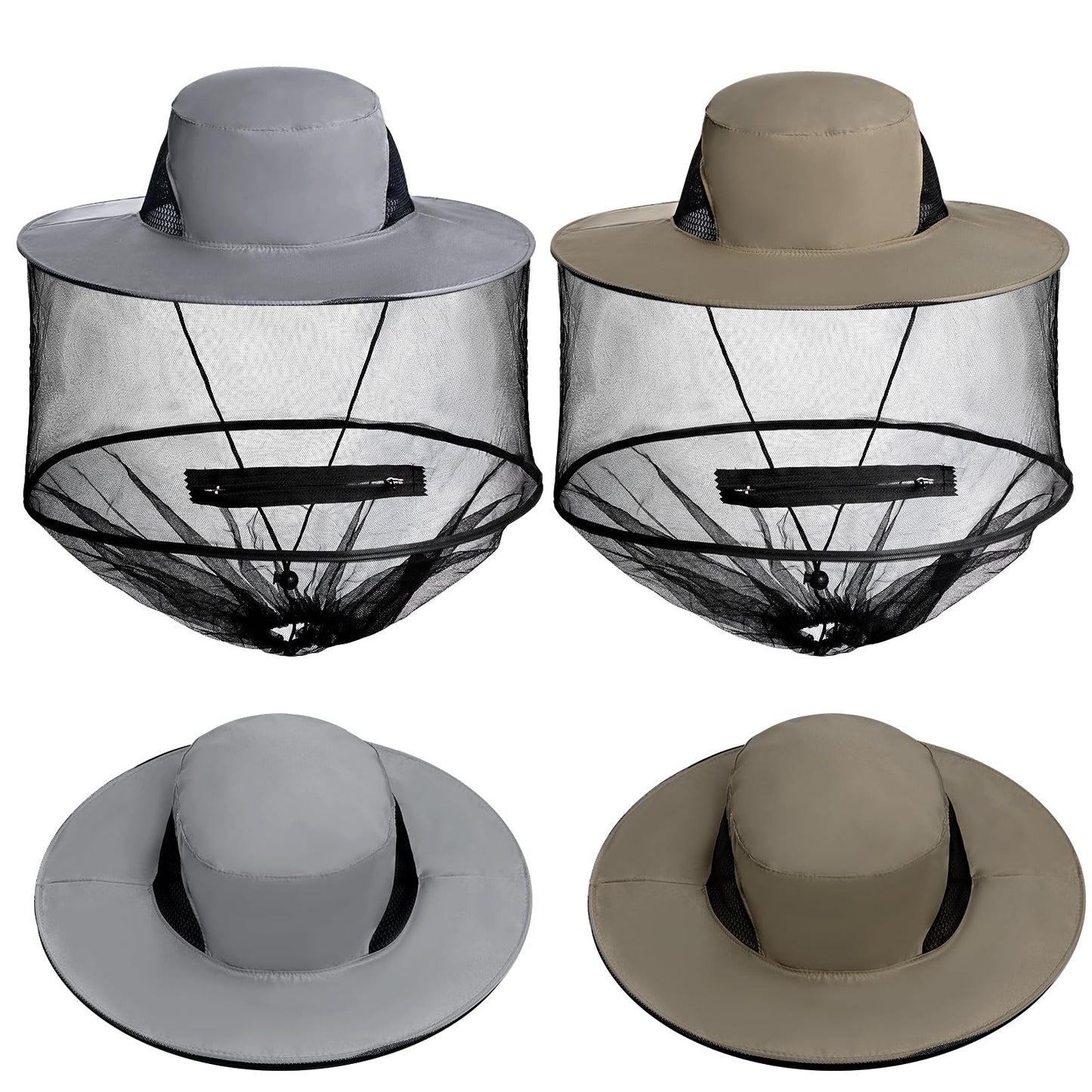 Sucrain 2 Pack Mosquito Head Net Hat Sun Hat Garden Bug Hat with Hidden Net Mesh for Outdoor Gardening (Dark Beige, Dark Grey)