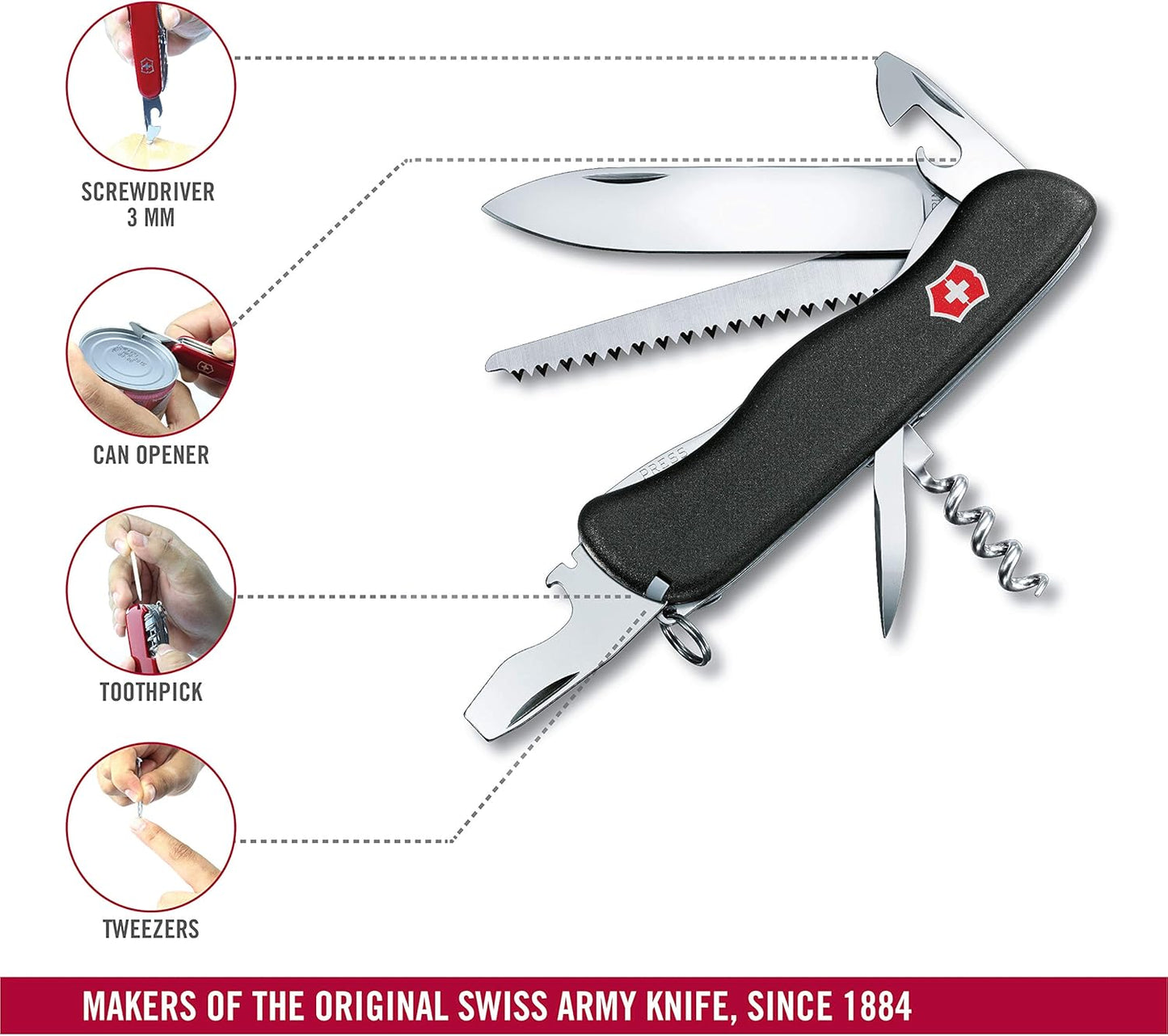 Victorinox Forester Swiss Army Knife, 12 Function Swiss Made Pocket Knife with Large Blade, Wood Saw and Reamer/Punch - Black