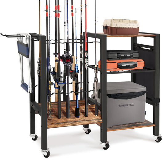 3-Tier Fishing Rod Holder, Garage Fishing Rod Rack, Fishing Rod Organizer for 12 Rods, Space Saving Fishing Pole Storage System for Garage Boat RV Basement, with Wheels Hooks and Storage Bag
