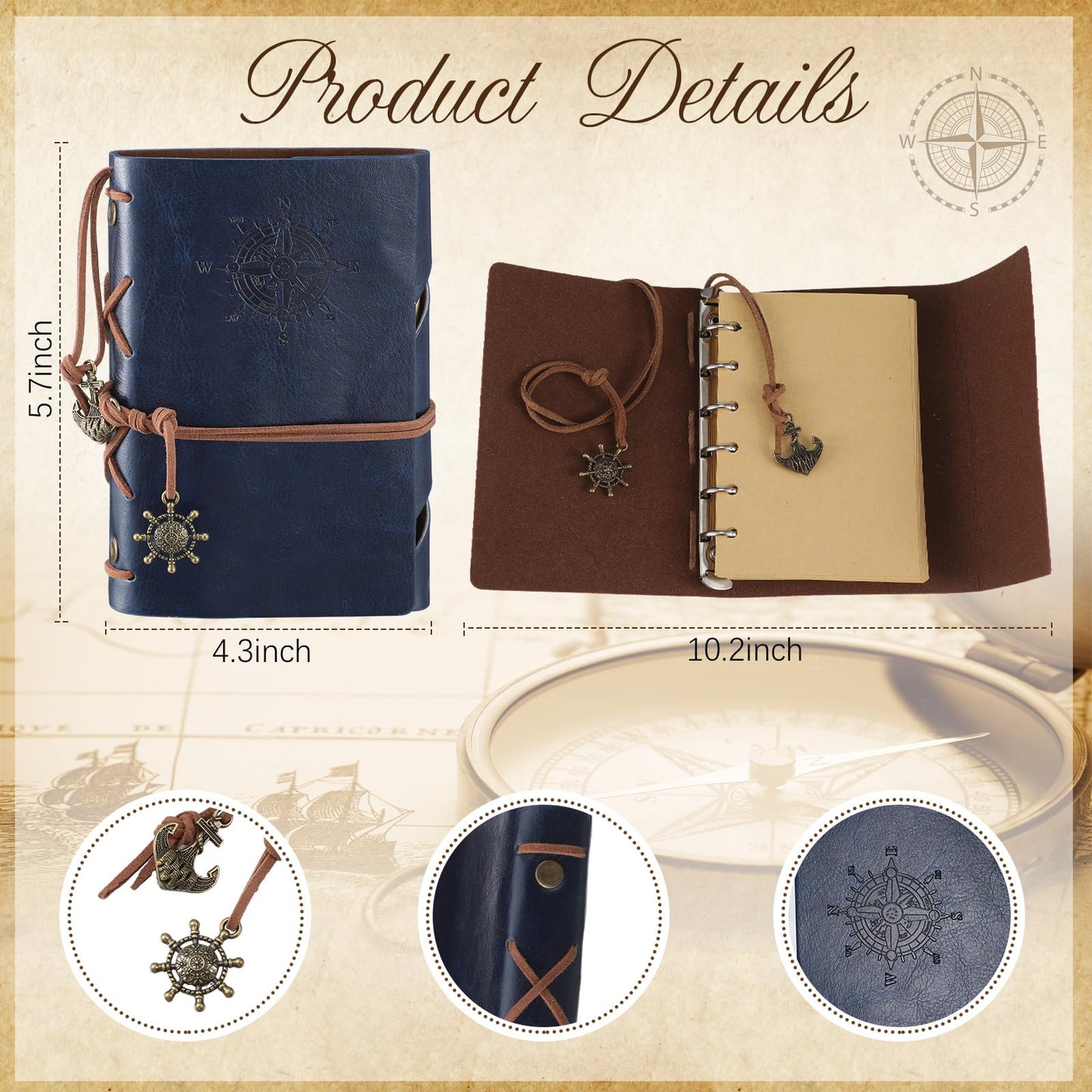 Kanayu 2 Pcs Compass Graduation Gift Compass with Stamped Leather Case and Leather Journal Notebook High School College Graduation Gifts for Him(Dark Blue)
