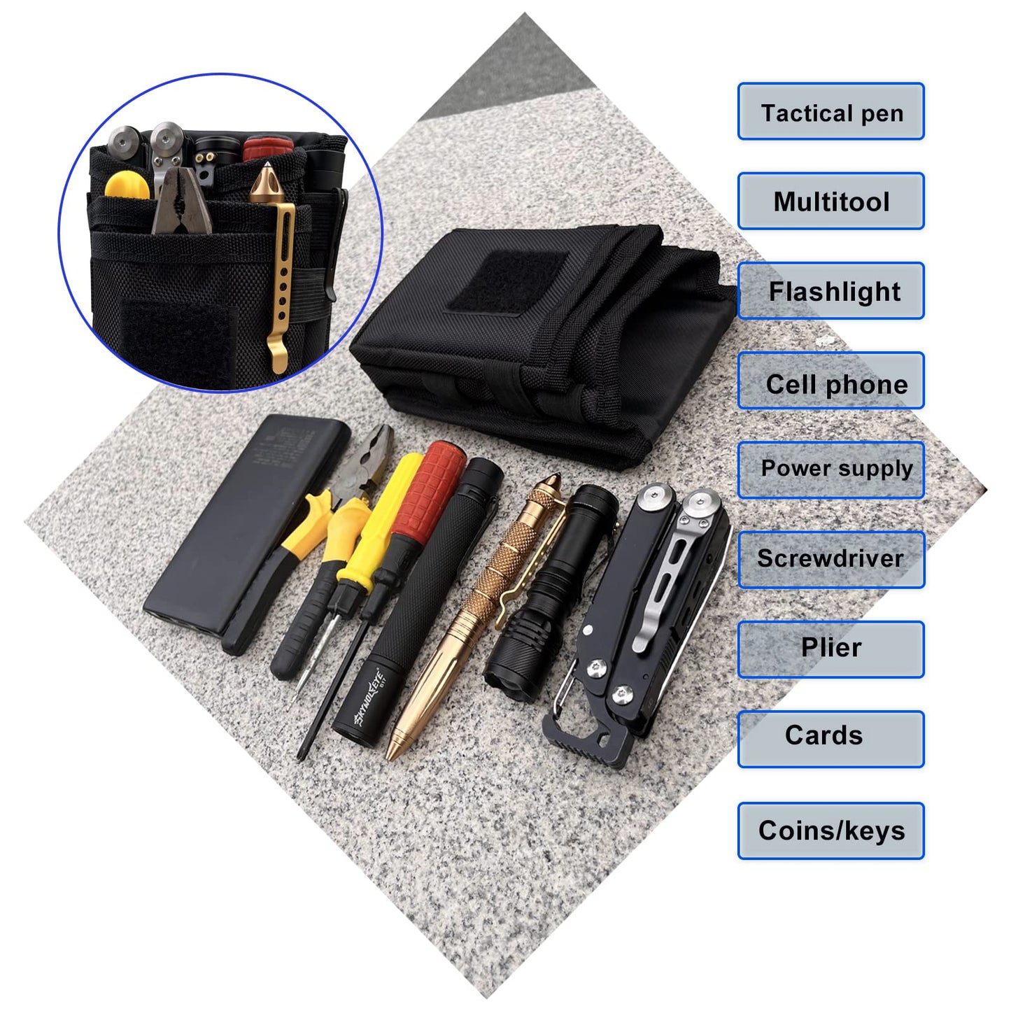 Belt Tool Pouch Holster, Multitool Organizer Pouch for EDC Gears Cellphone Case, Maezar Utility Sheath Bag, Nylon Tactical Tool Bag for Men, Small Pocket Phone Holder with D-Ring, Zipper(Black)