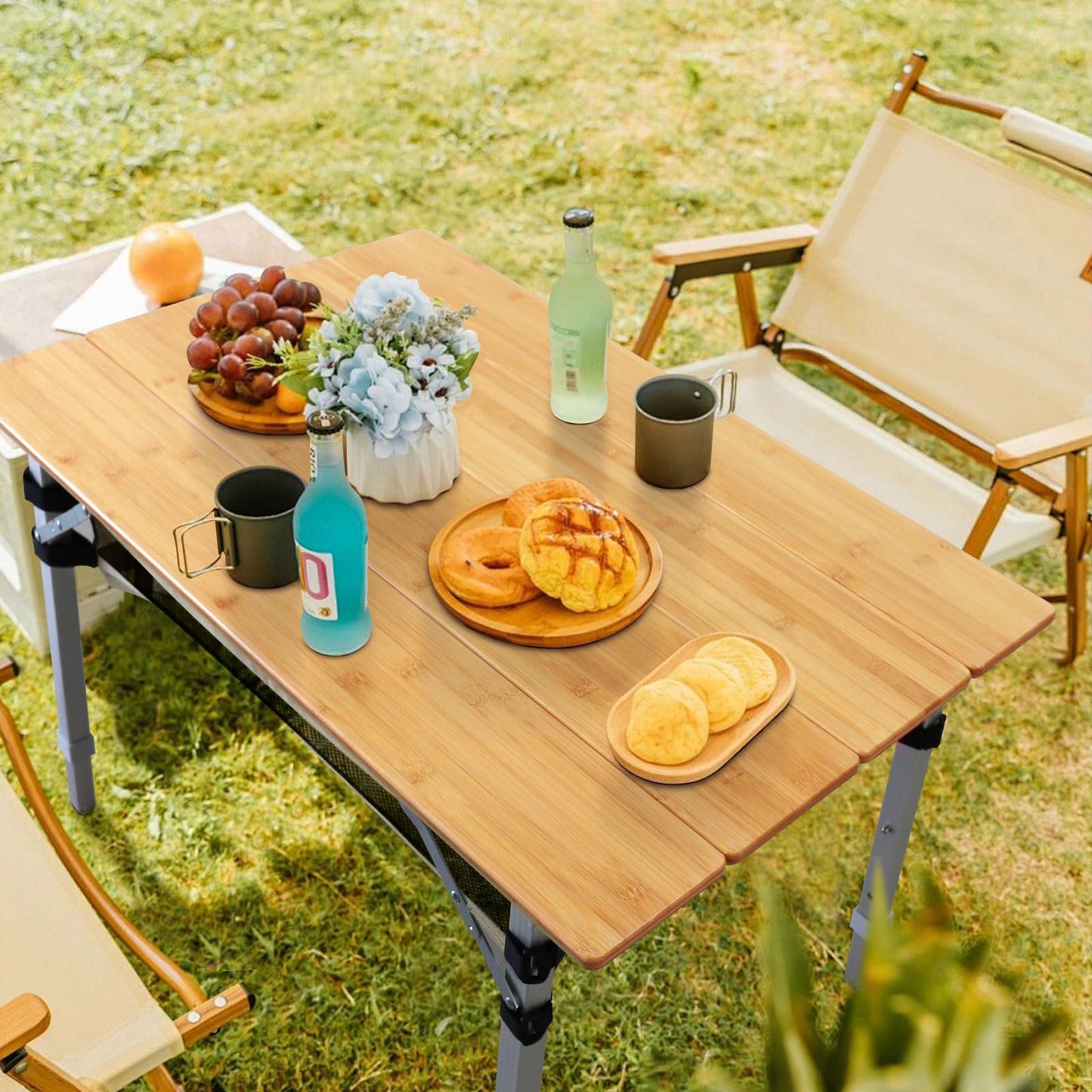 WKFAMOUT Bamboo Folding Camping Table 4 Folds with Adjustable Aluminum Legs Portable Picnic Table with Storage and Carry Bag for Outdoor Hiking Beach 2-4 Person