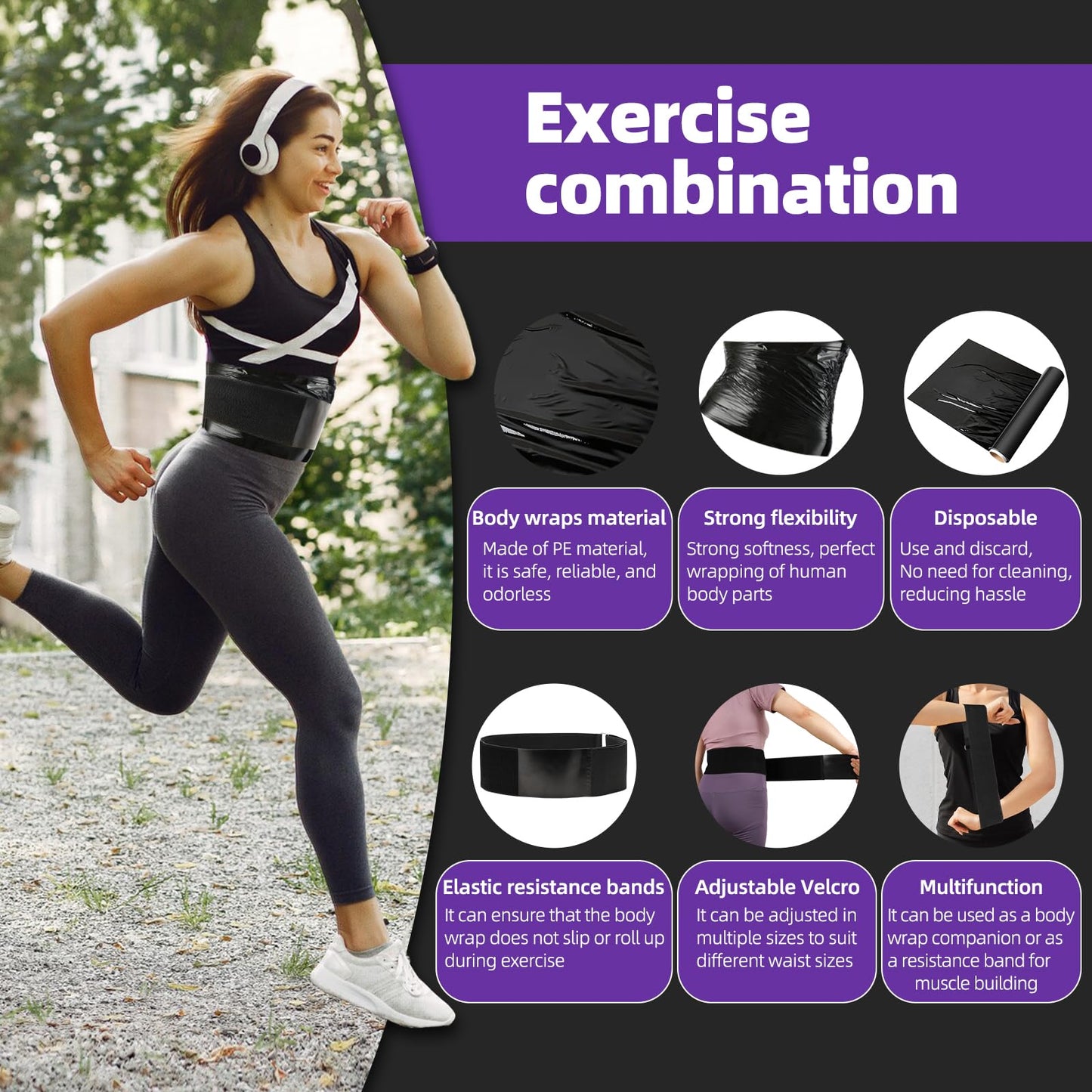 Hayunfiys 4 Rolls 60 Meters Black Osmotic Plastic Body Wrap Exercise & Fitness Sweat Enhancer Anti-Shedding Yoga Training Band Set, DIY Sauna Wrap Pilates Workout