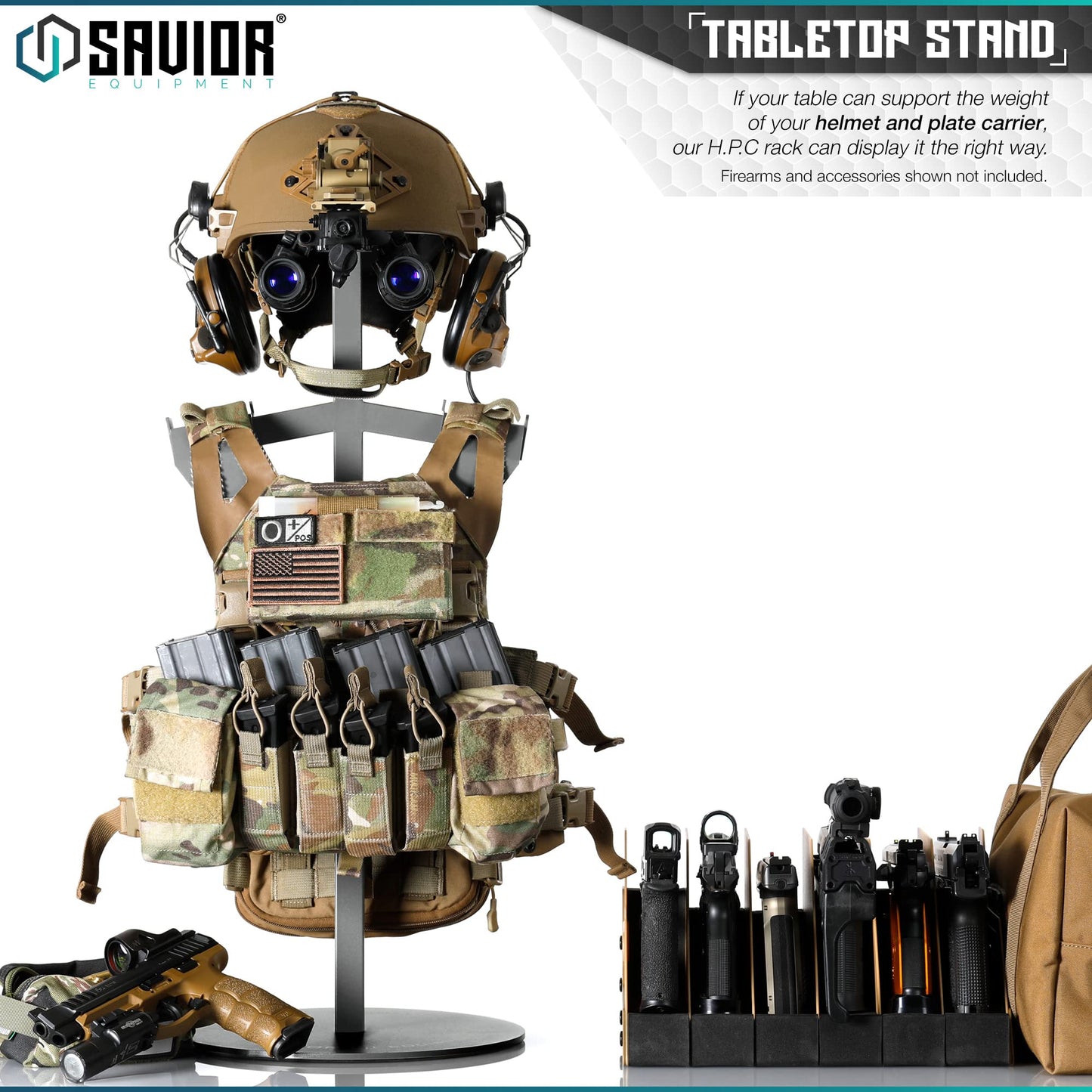 Savior Equipment H.P.C Tactical Gear Stand Tabletop Helmet Vest Display Rack, Military Gear Holder Plate Carrier Indoor Home Garage Free-Standing Organizer, SW Gray