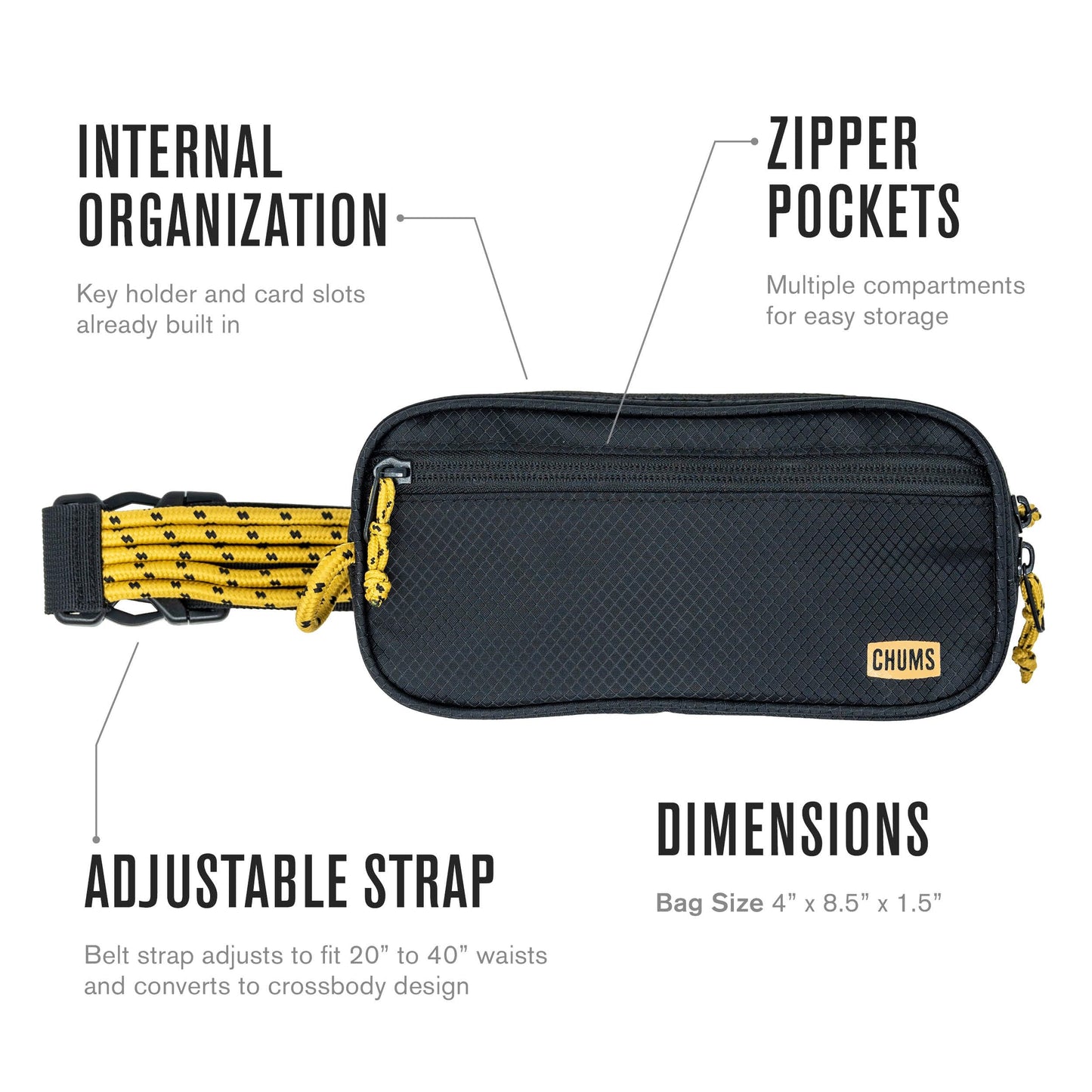 Chums Trail Jam Waist Pack - Tactical Belt Bag and Convertible Crossbody Bag with Zipper Pockets For Running, Hiking, and Travel - Black