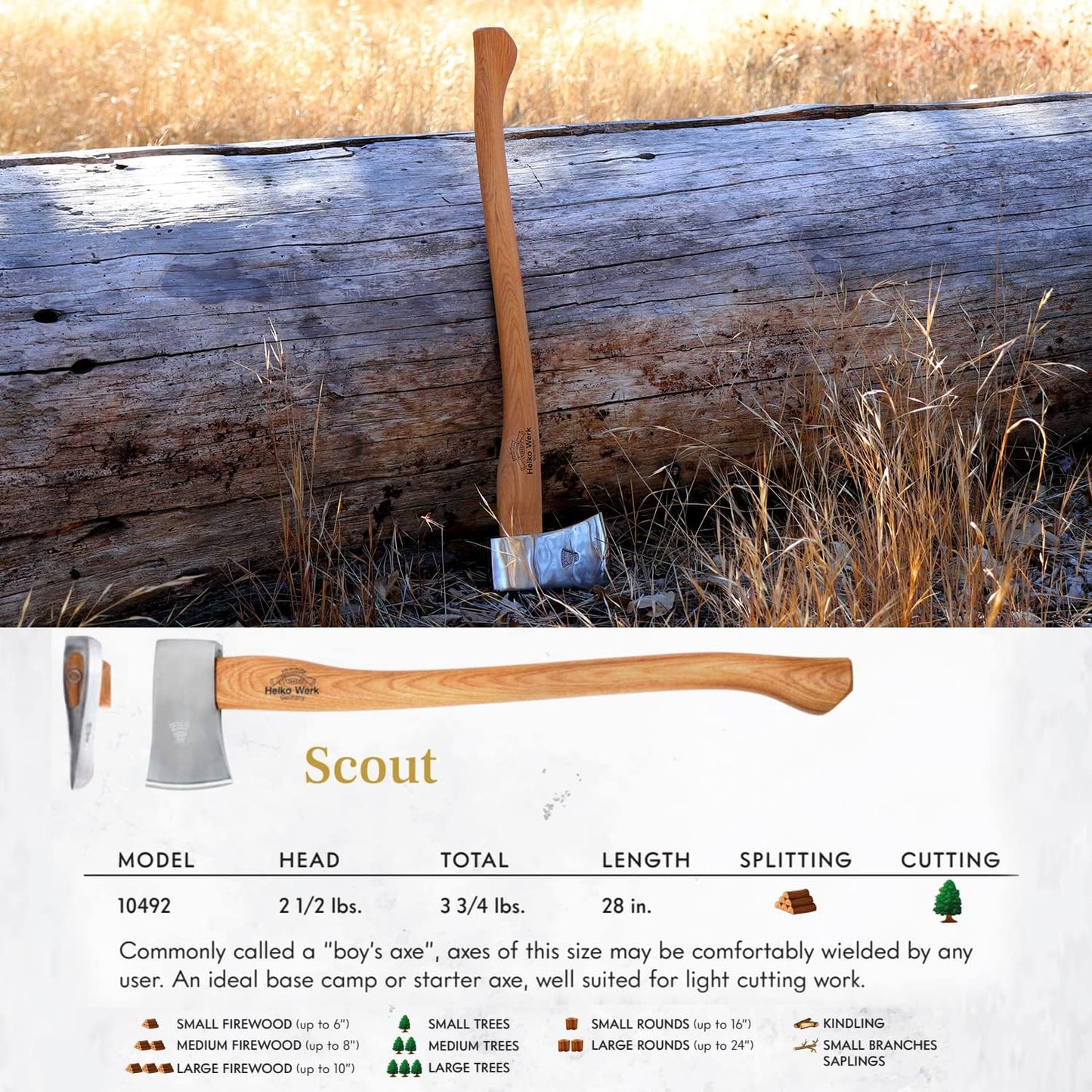1844 Helko Werk Germany Classic Journeyman Pack Axe - Made in Germany Lightweight and Compact Backpacking Axe and Bushcraft Axe for Camping - Head 1.5 lbs, Handle 20 in. (Journeyman) #11441