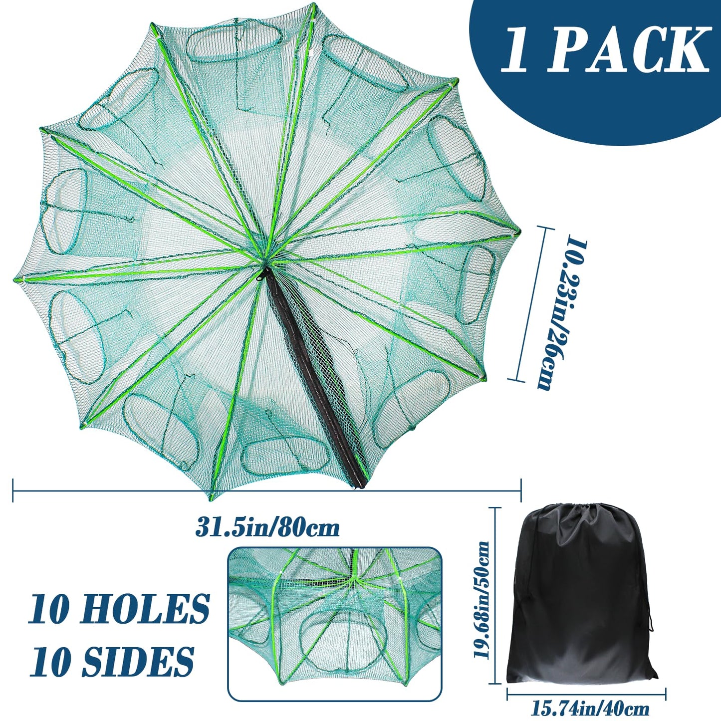 10 Sides 10 Holes Fishing Bait Trap, 32 * 10 Inch Portable Folded Fishing Nets for Minnow Crab Shrimp Crawdad, Upgrade Nylon Mesh Net Fishing Equipment